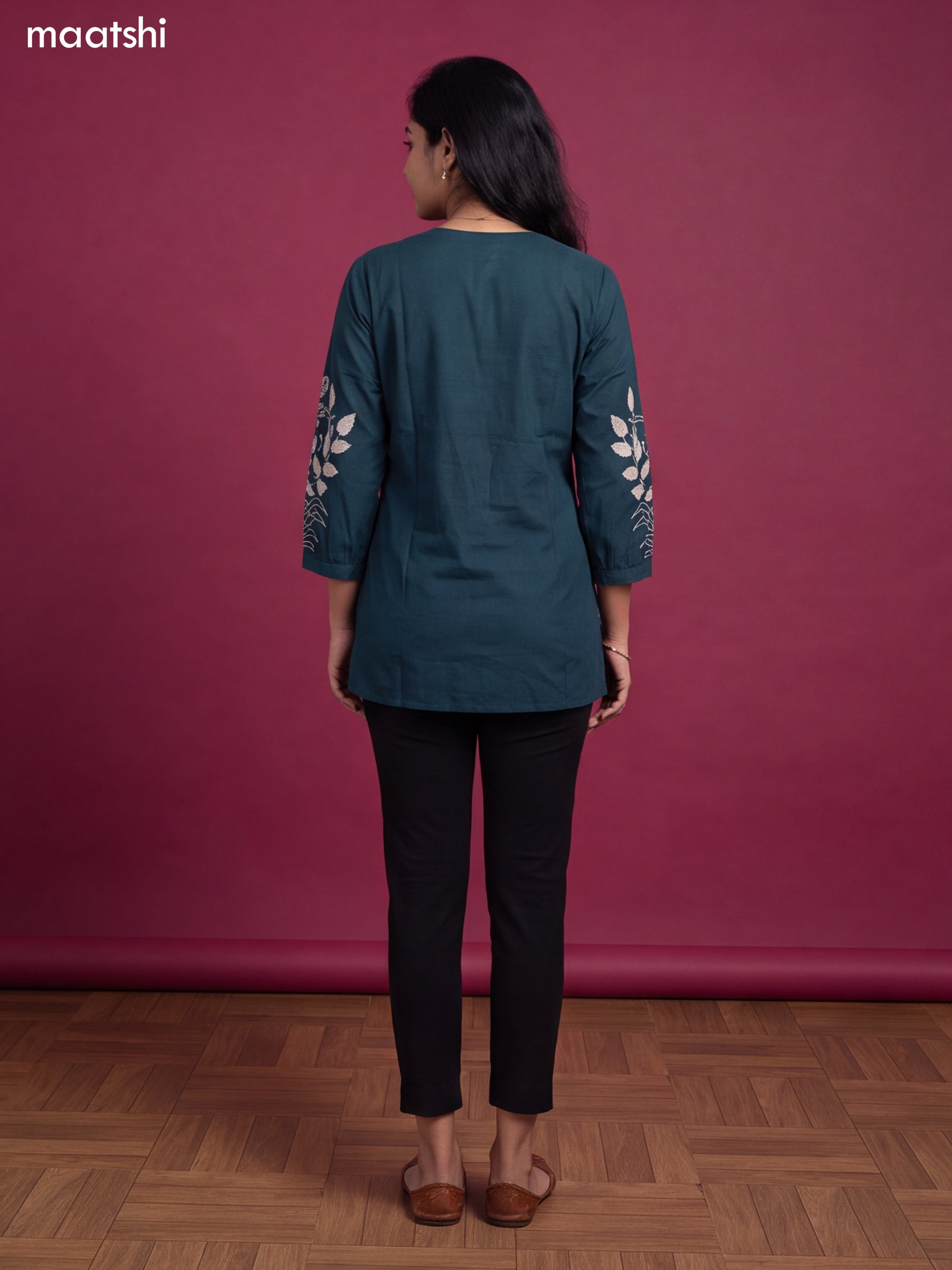 Teal Green Cotton Embroidery Work Short Kurti