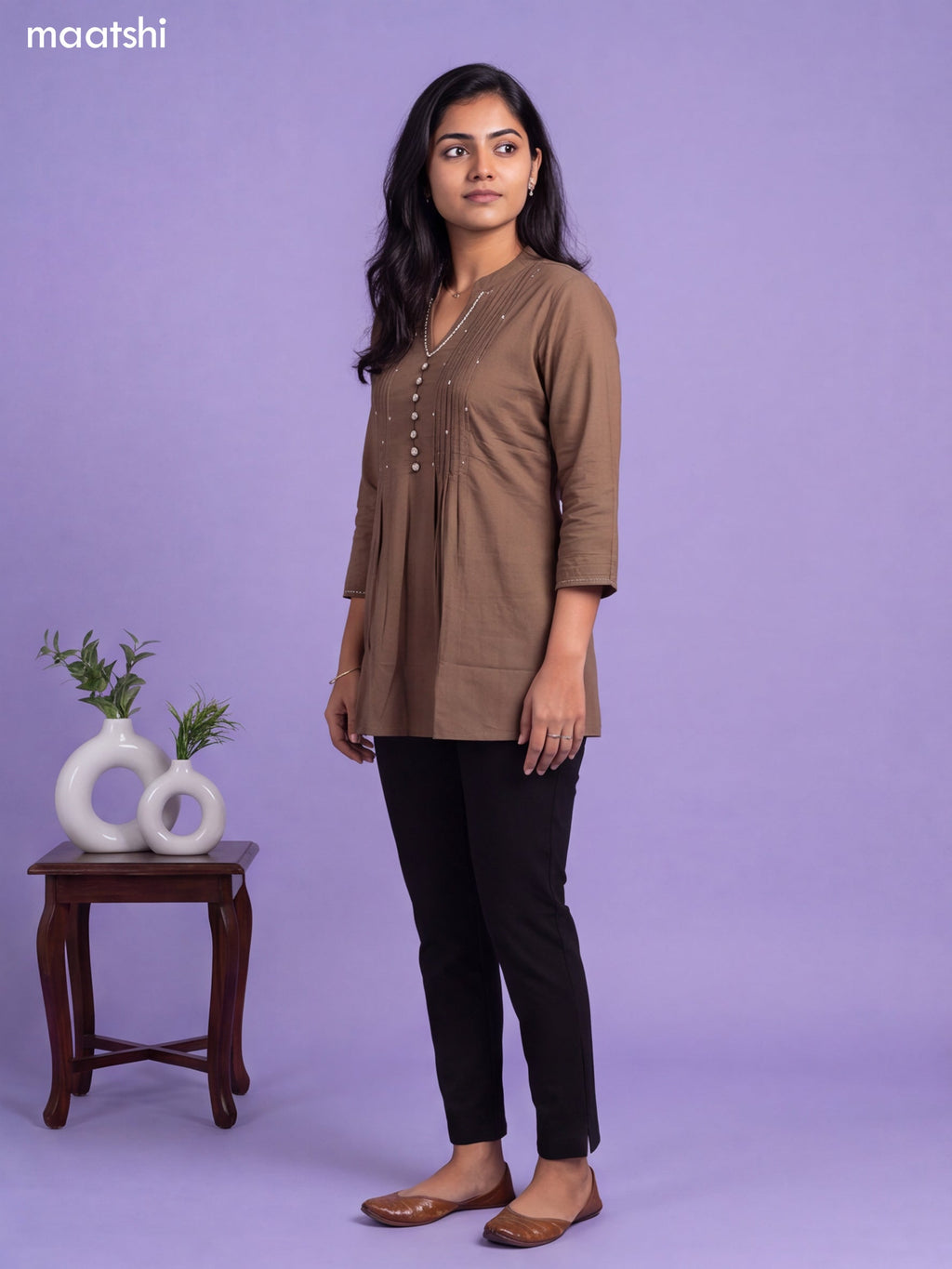 Brown Cotton Embroidery Work Short Kurti