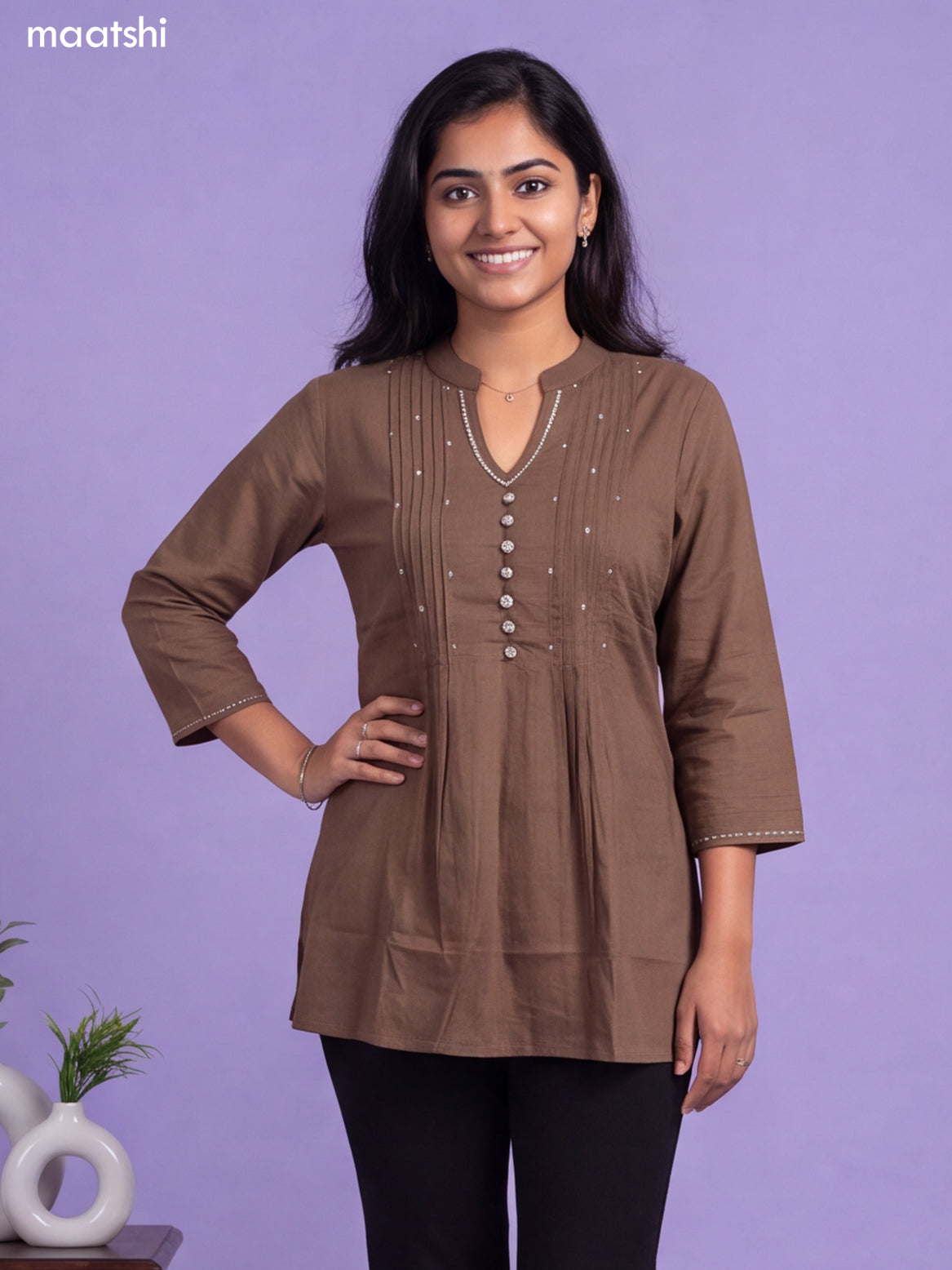 Brown Cotton Embroidery Work Short Kurti
