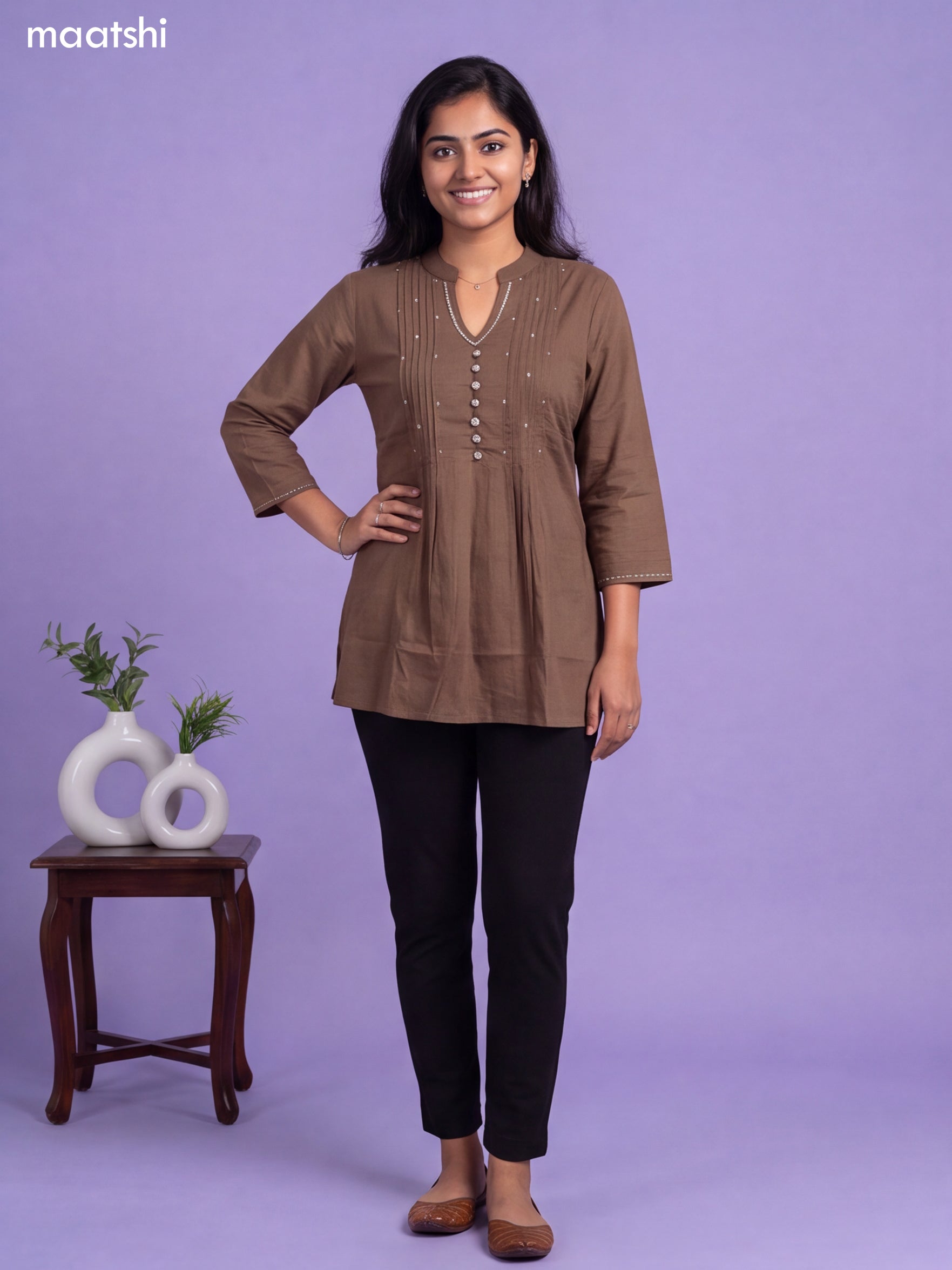 Brown Cotton Embroidery Work Short Kurti