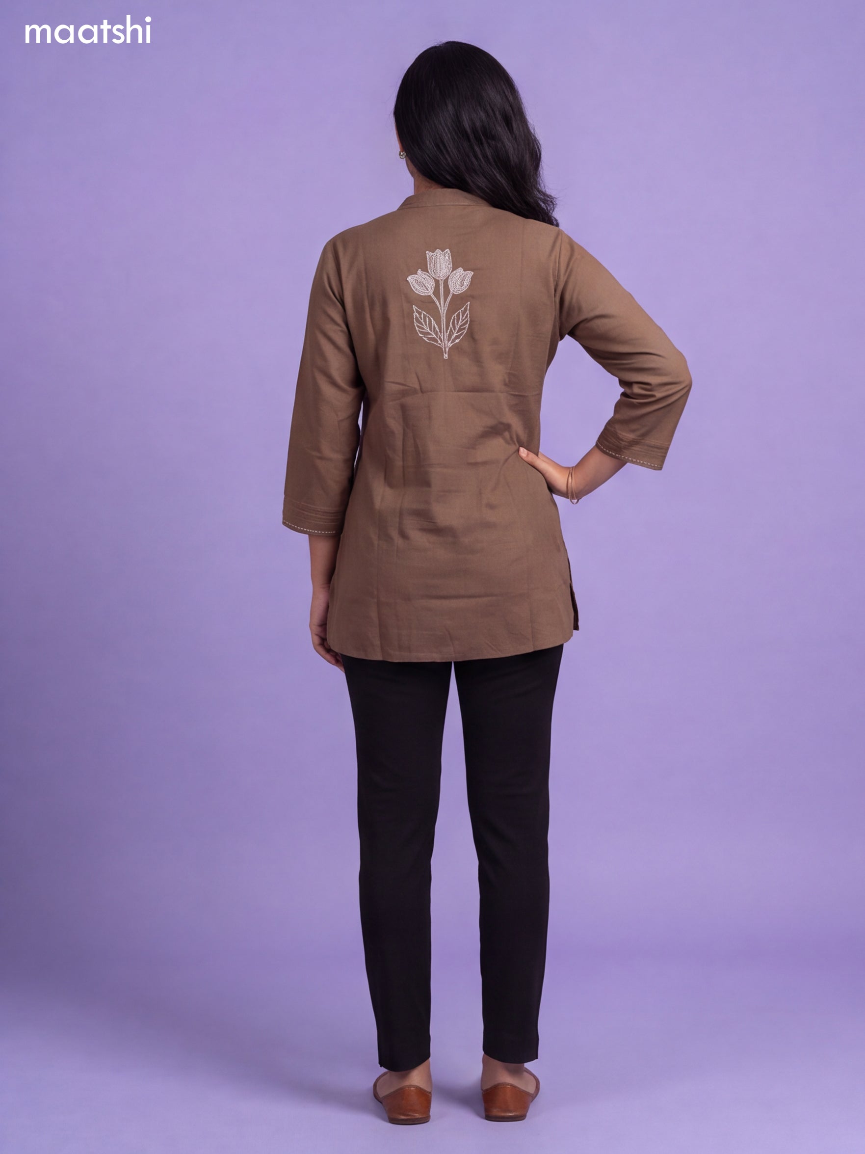 Brown Cotton Embroidery Work Short Kurti