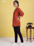 Rust Cotton Embroidery Work Short Kurti