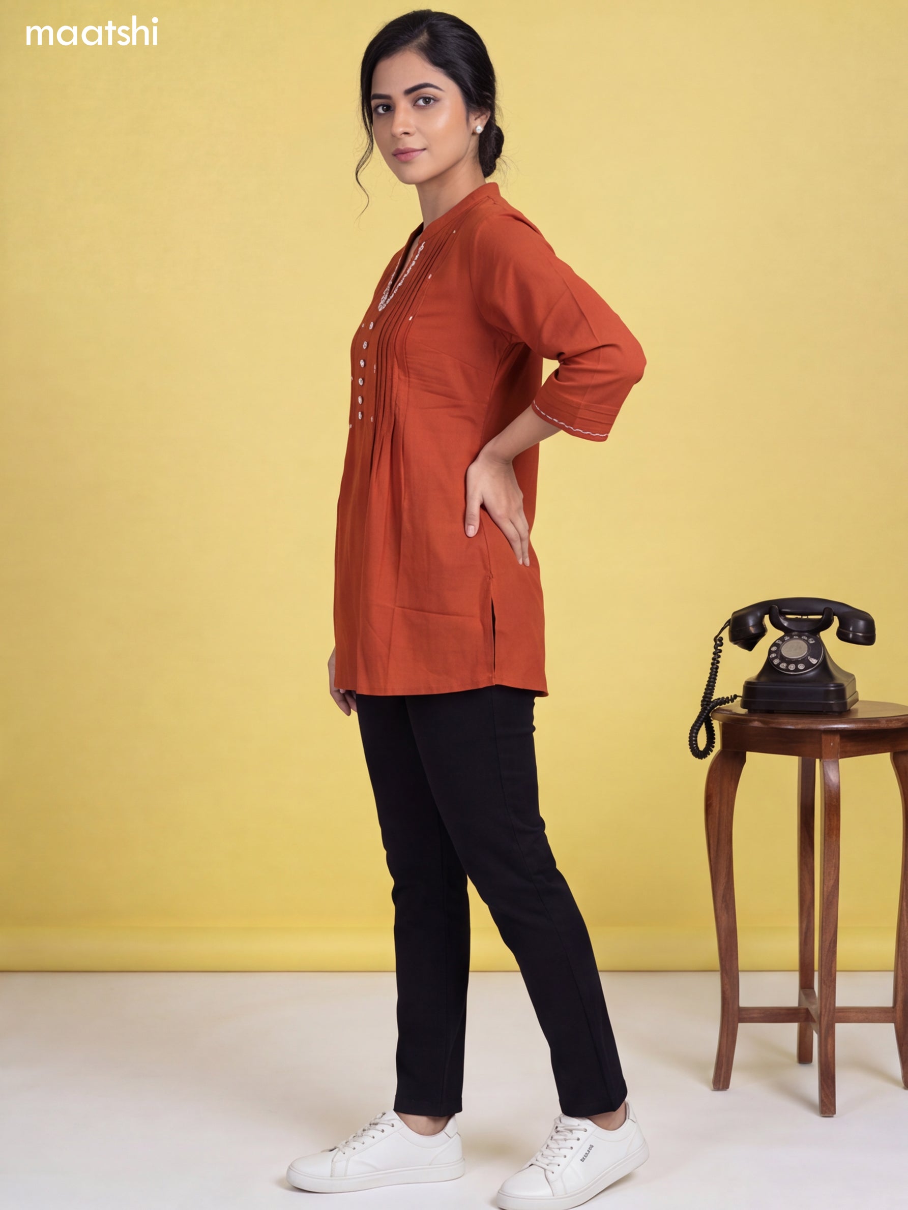 Rust Cotton Embroidery Work Short Kurti