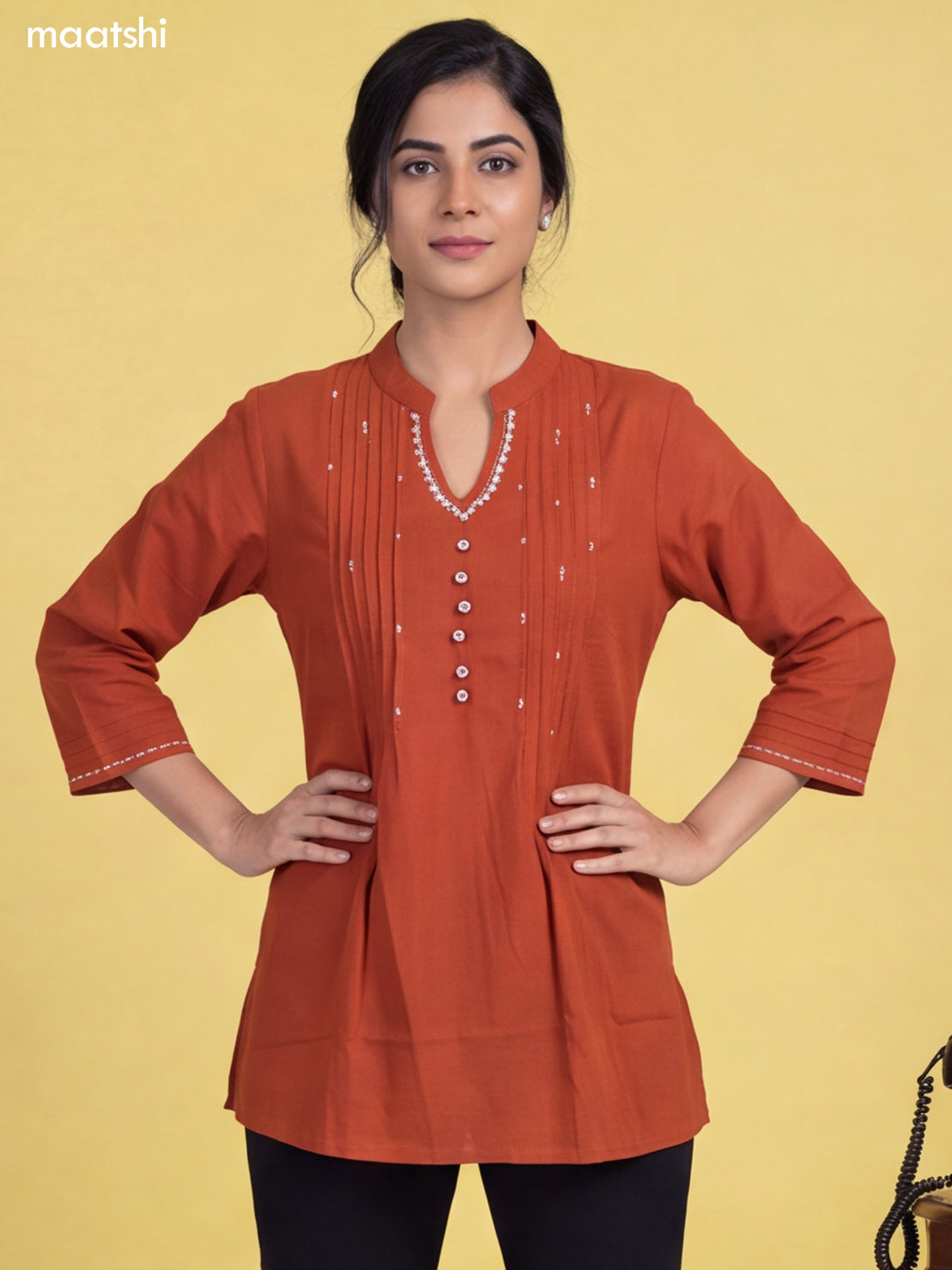 Rust Cotton Embroidery Work Short Kurti