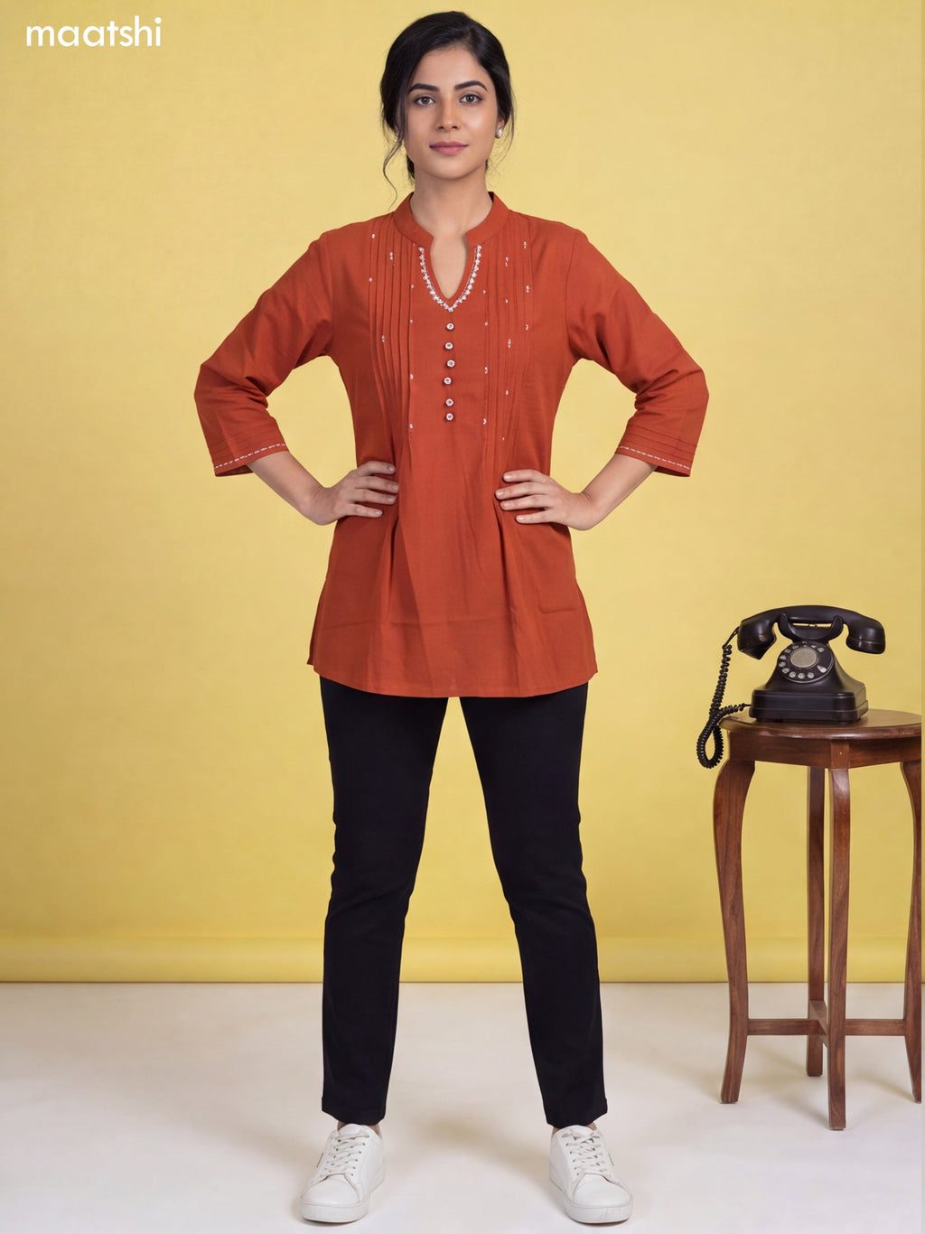 Rust Cotton Embroidery Work Short Kurti