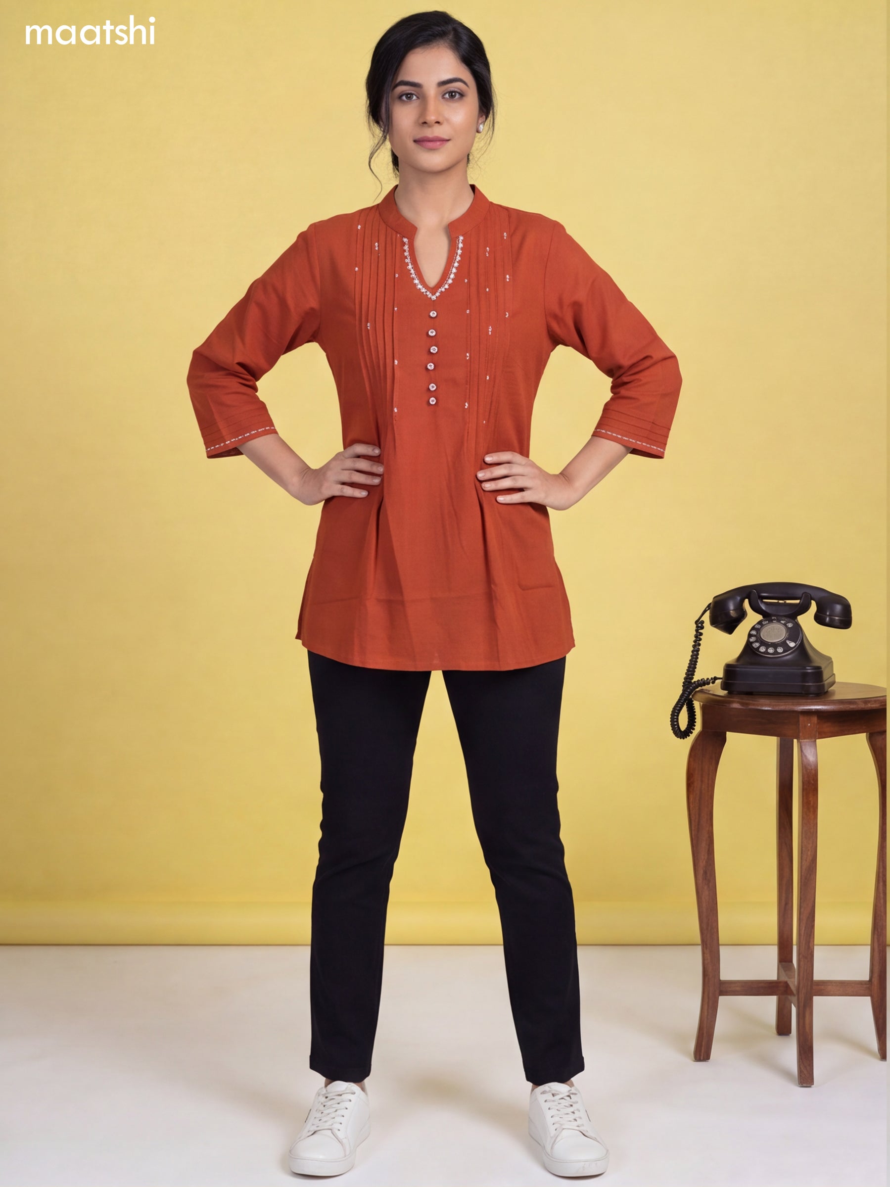 Rust Cotton Embroidery Work Short Kurti