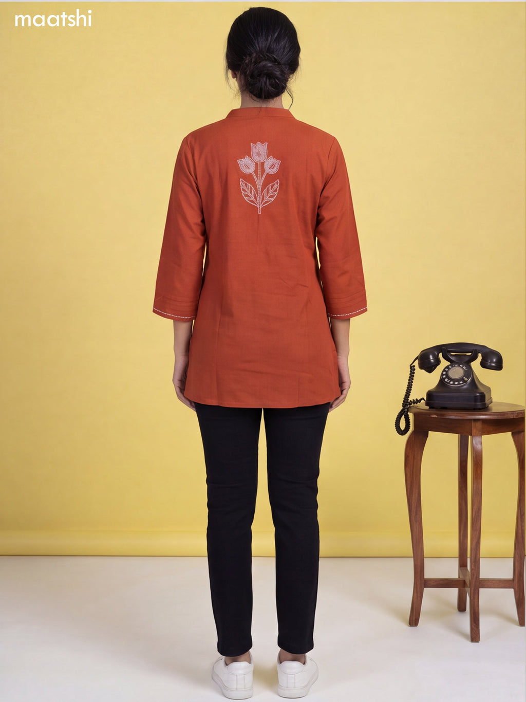 Rust Cotton Embroidery Work Short Kurti