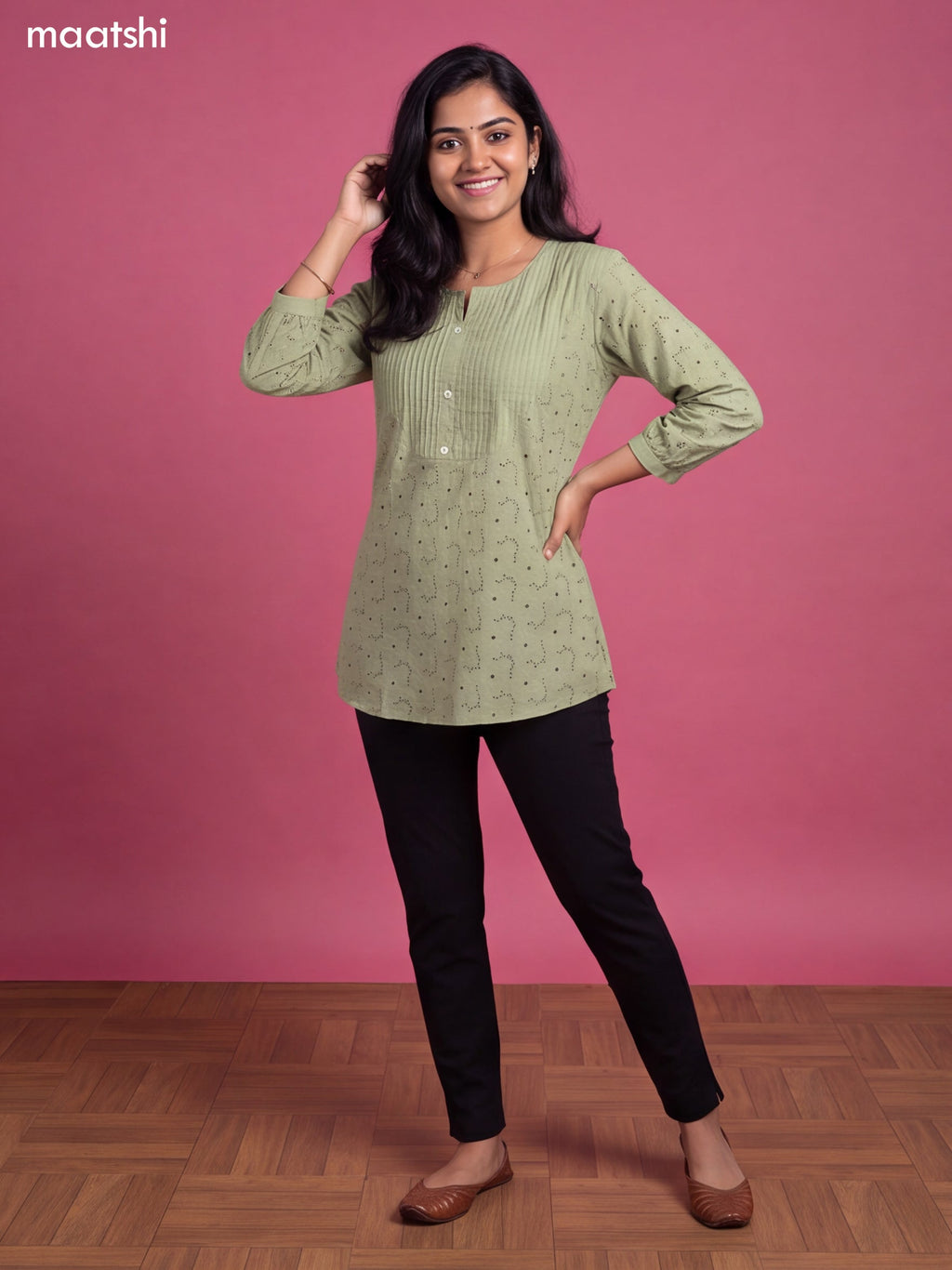 Pastel Green Cotton Embroidery Work Short Kurti