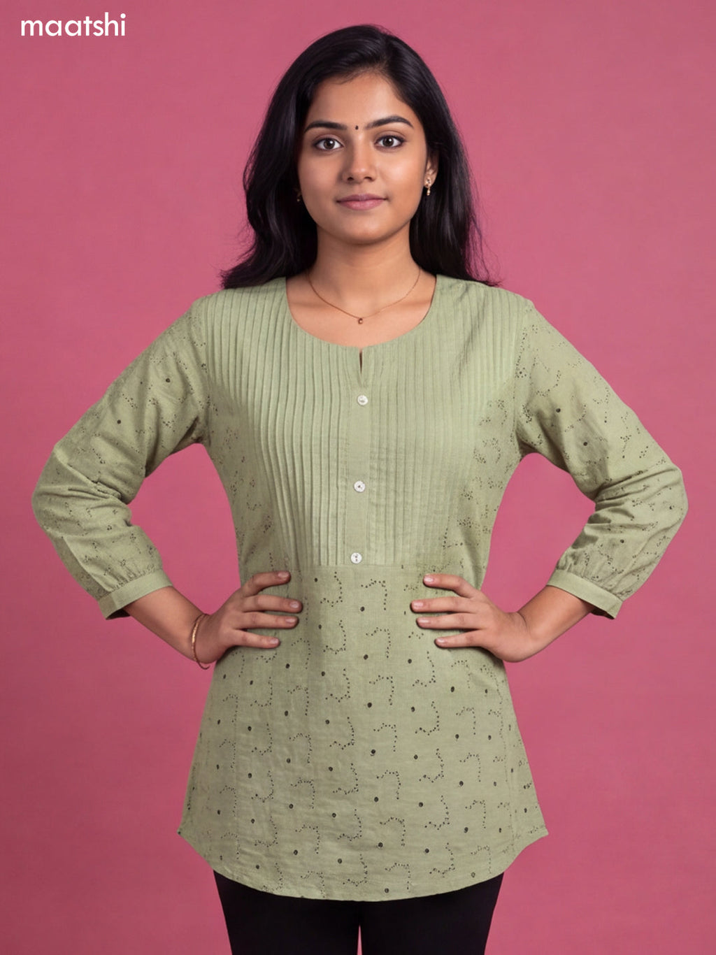 Pastel Green Cotton Embroidery Work Short Kurti