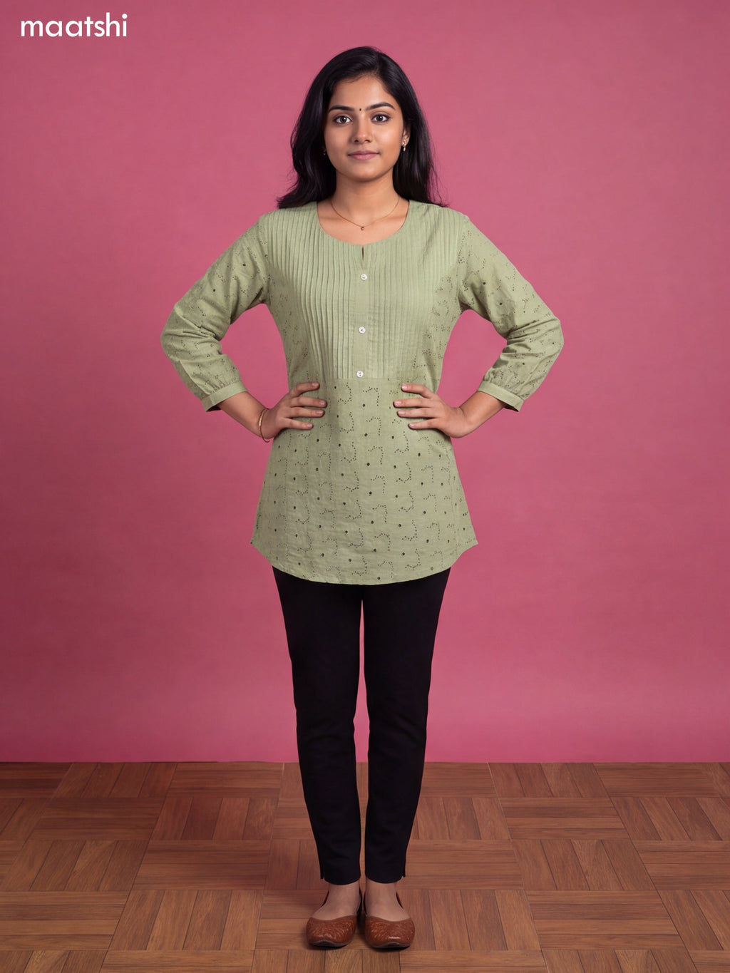 Pastel Green Cotton Embroidery Work Short Kurti