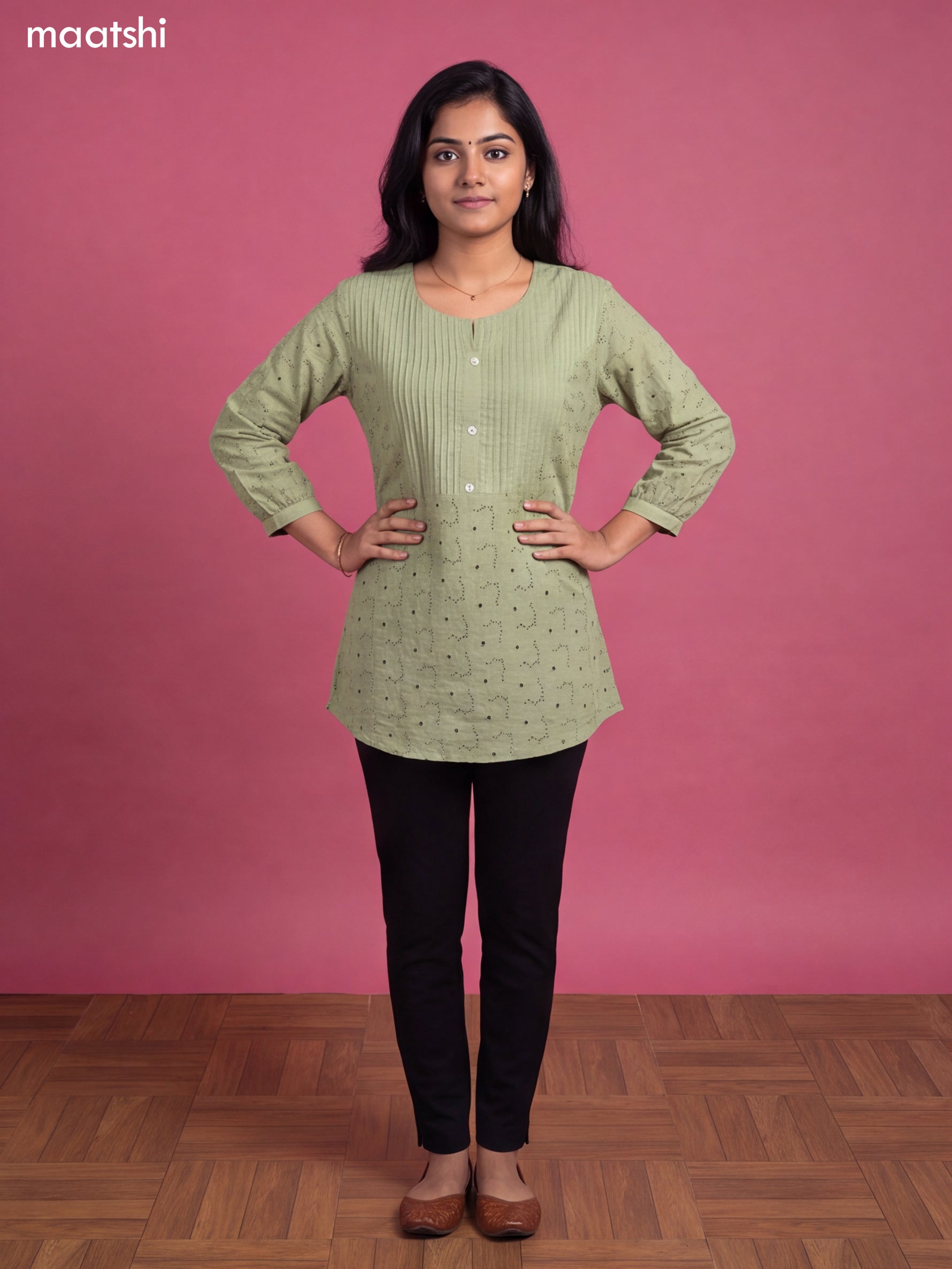 Pastel Green Cotton Embroidery Work Short Kurti