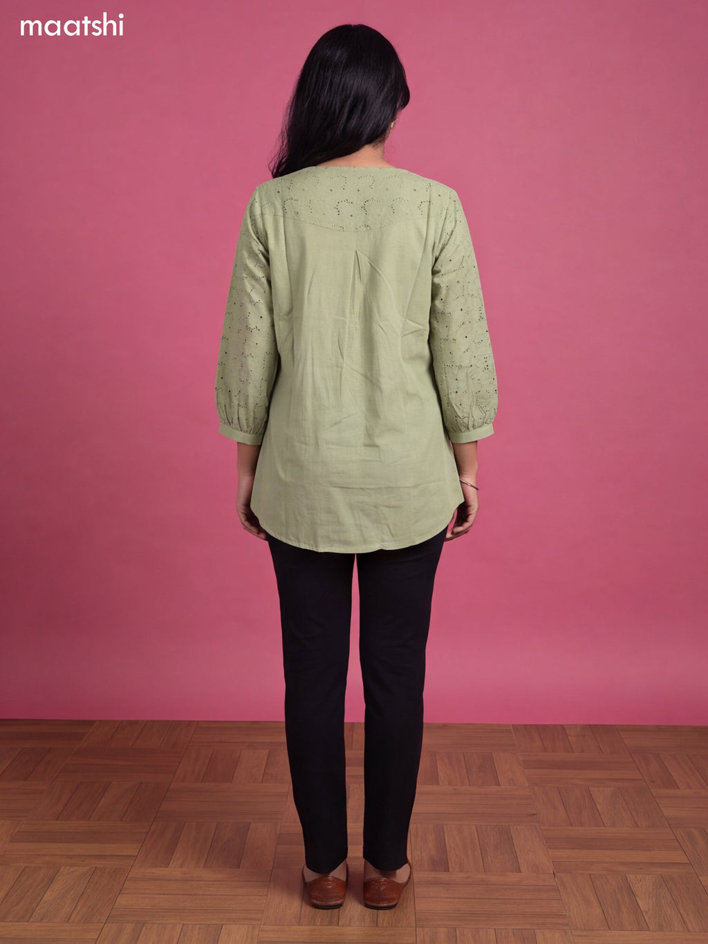 Pastel Green Cotton Embroidery Work Short Kurti