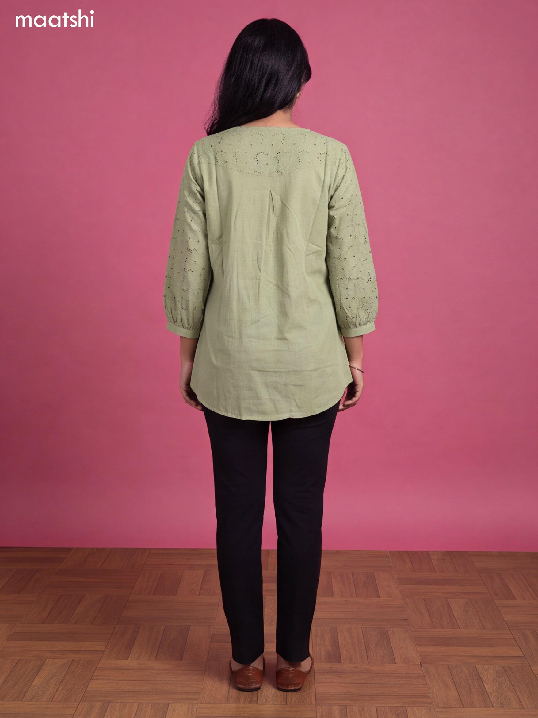 Pastel Green Cotton Embroidery Work Short Kurti