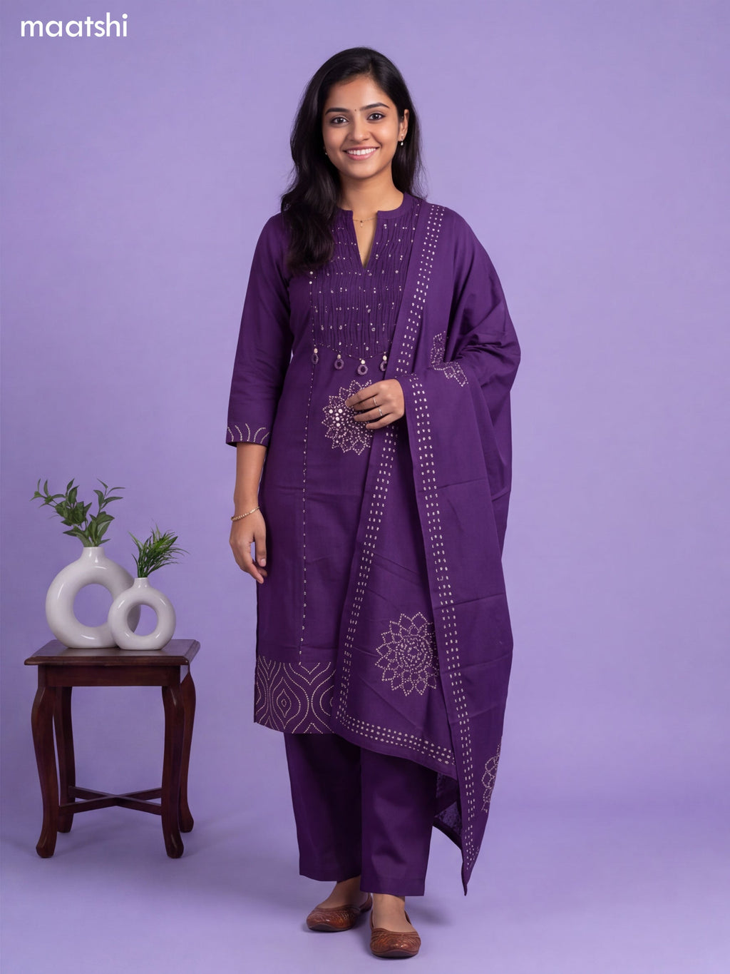 Violet Cotton Bandhani Printed & Simple Emroidery Work Straight Suit