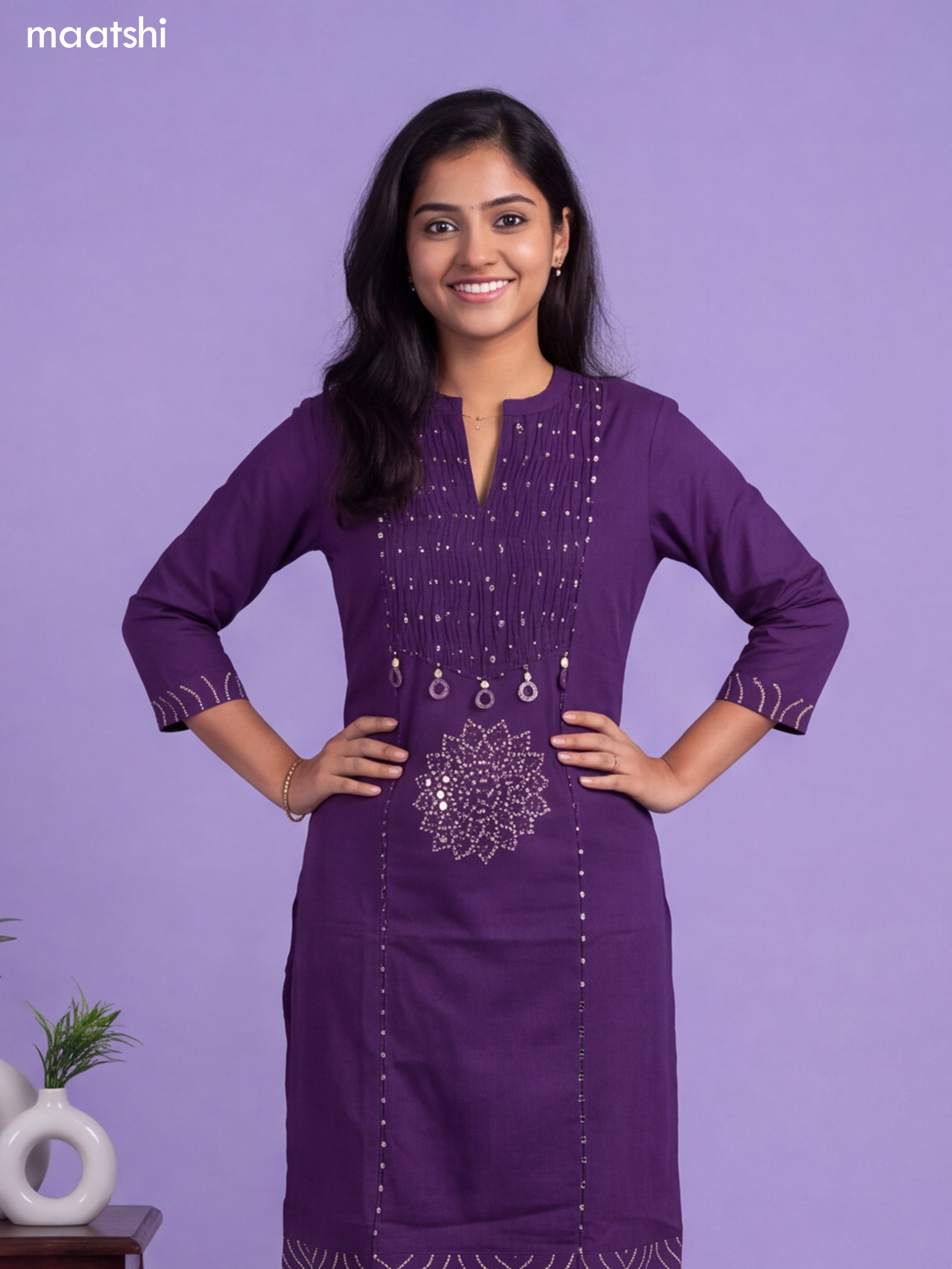 Violet Cotton Bandhani Printed & Simple Emroidery Work Straight Suit