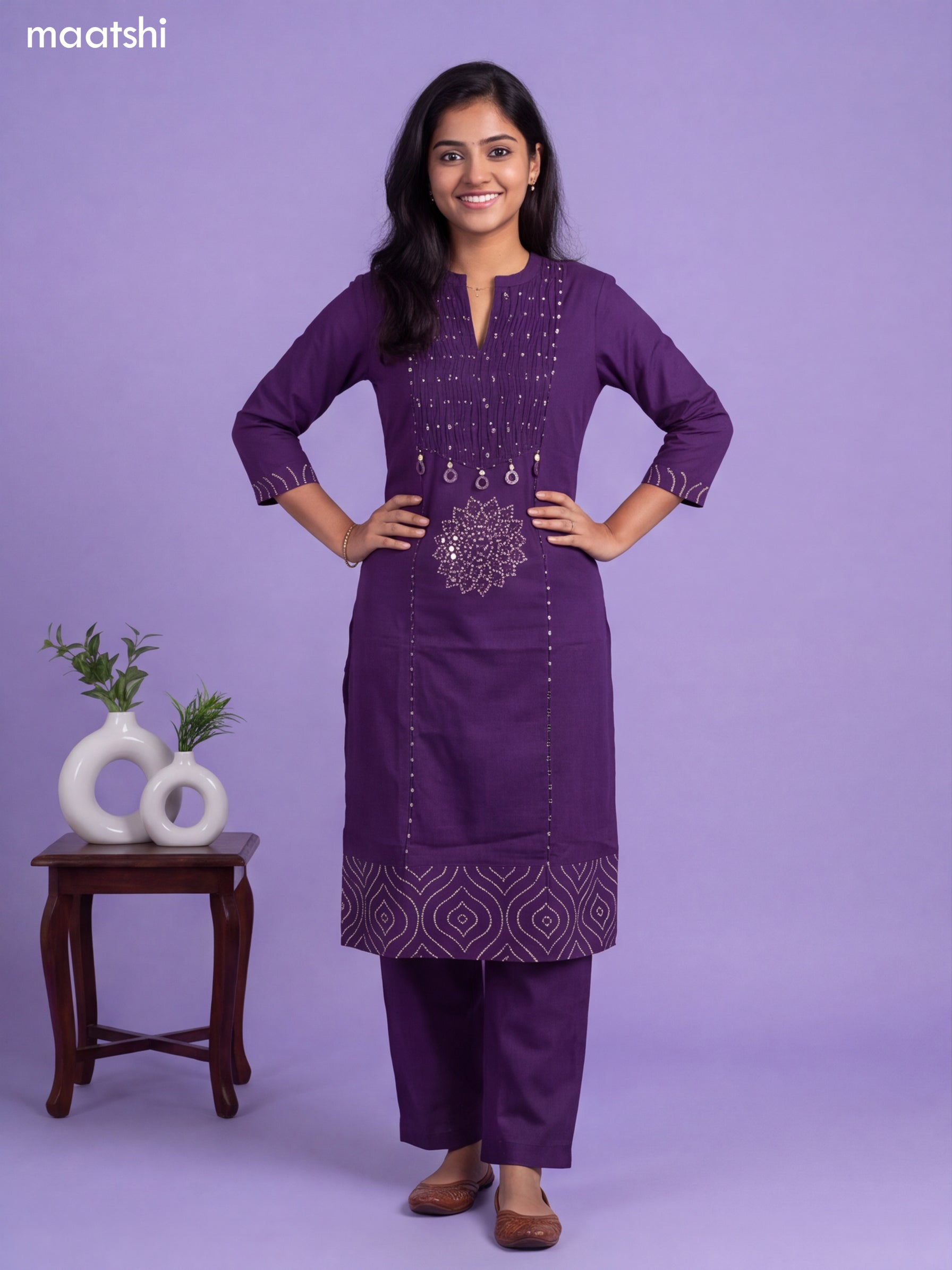 Violet Cotton Bandhani Printed & Simple Emroidery Work Straight Suit