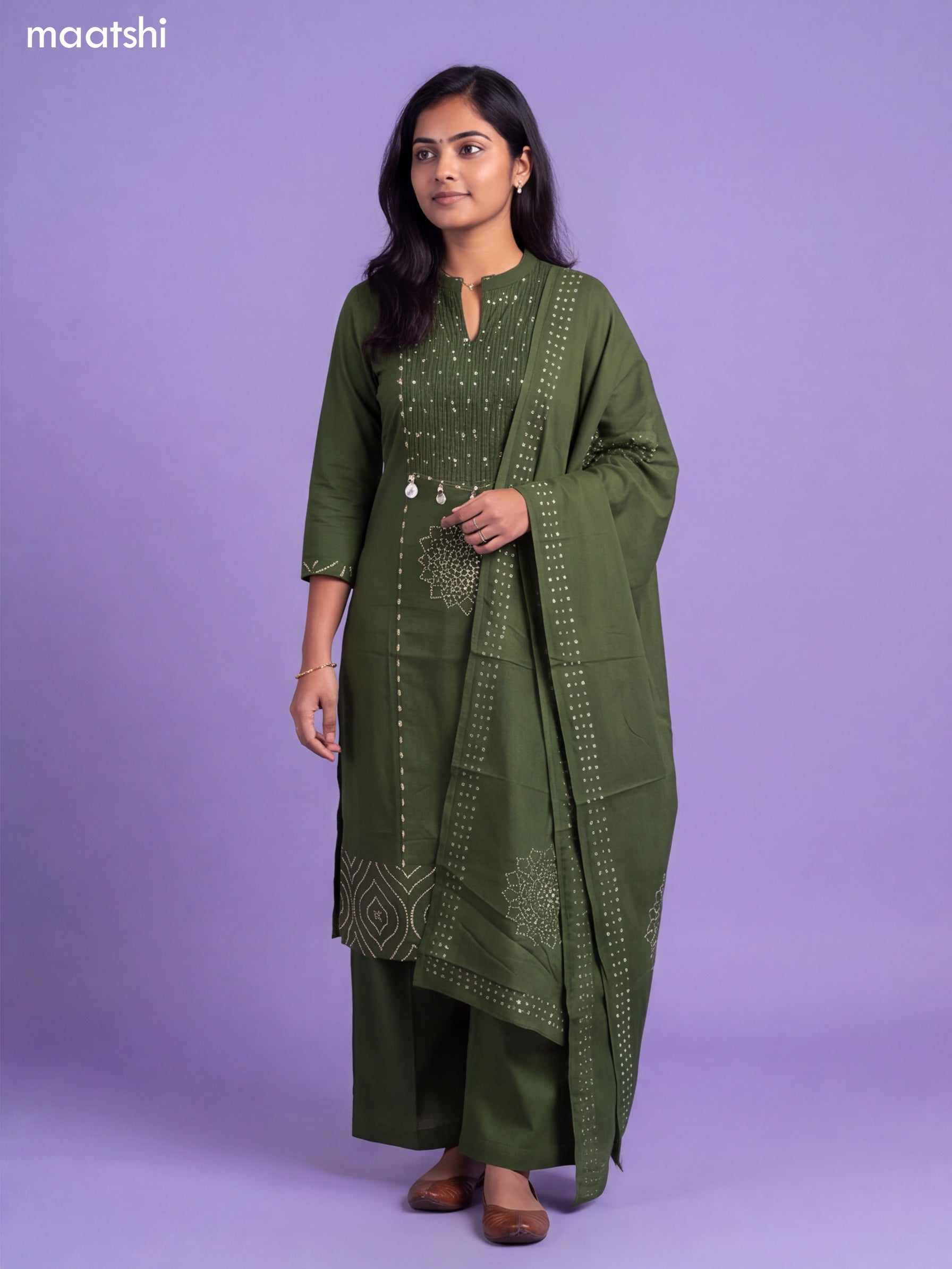 Sap Green Cotton Bandhani Printed & Simple Emroidery Work Straight Suit