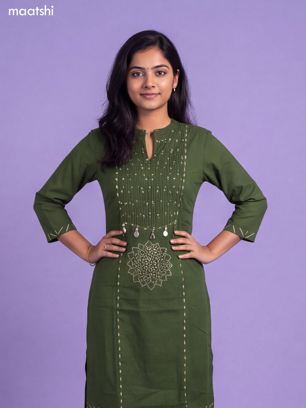 Sap Green Cotton Bandhani Printed & Simple Emroidery Work Straight Suit
