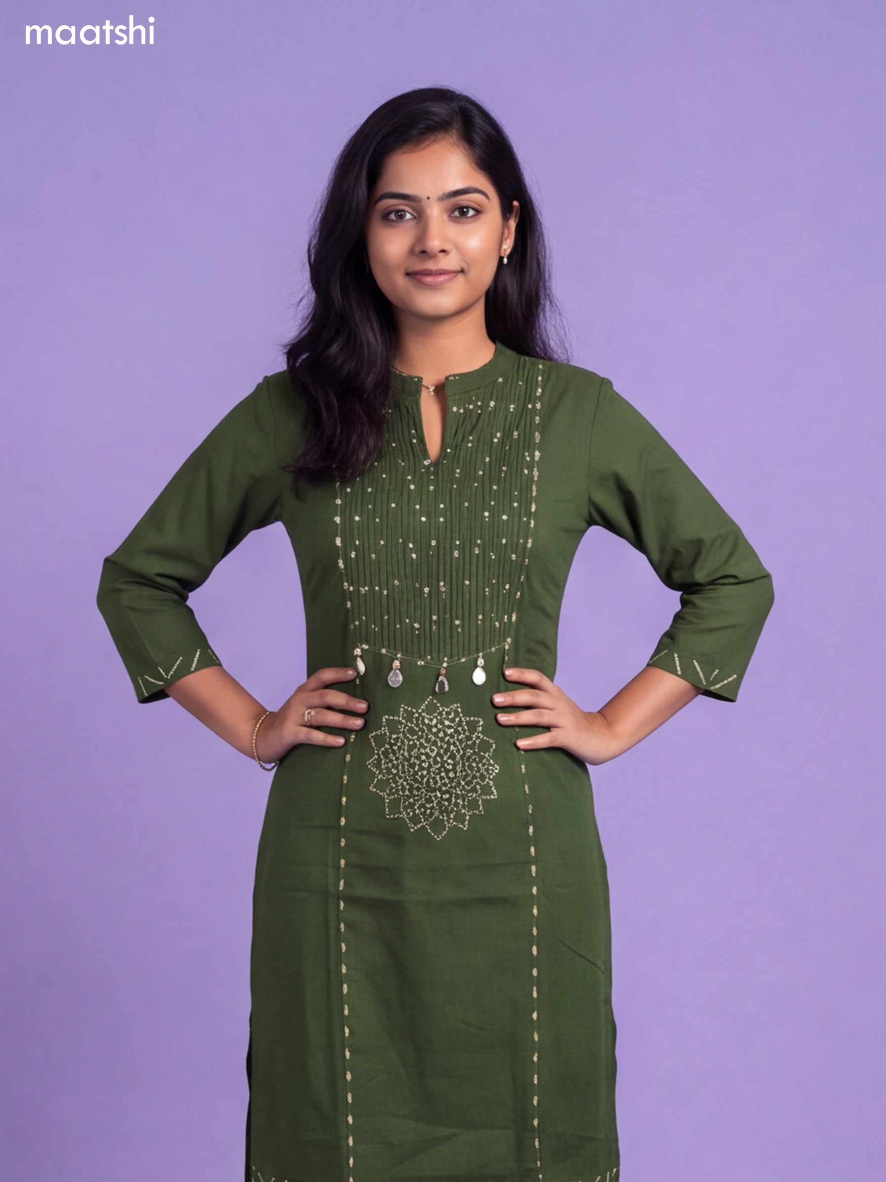 Sap Green Cotton Bandhani Printed & Simple Emroidery Work Straight Suit
