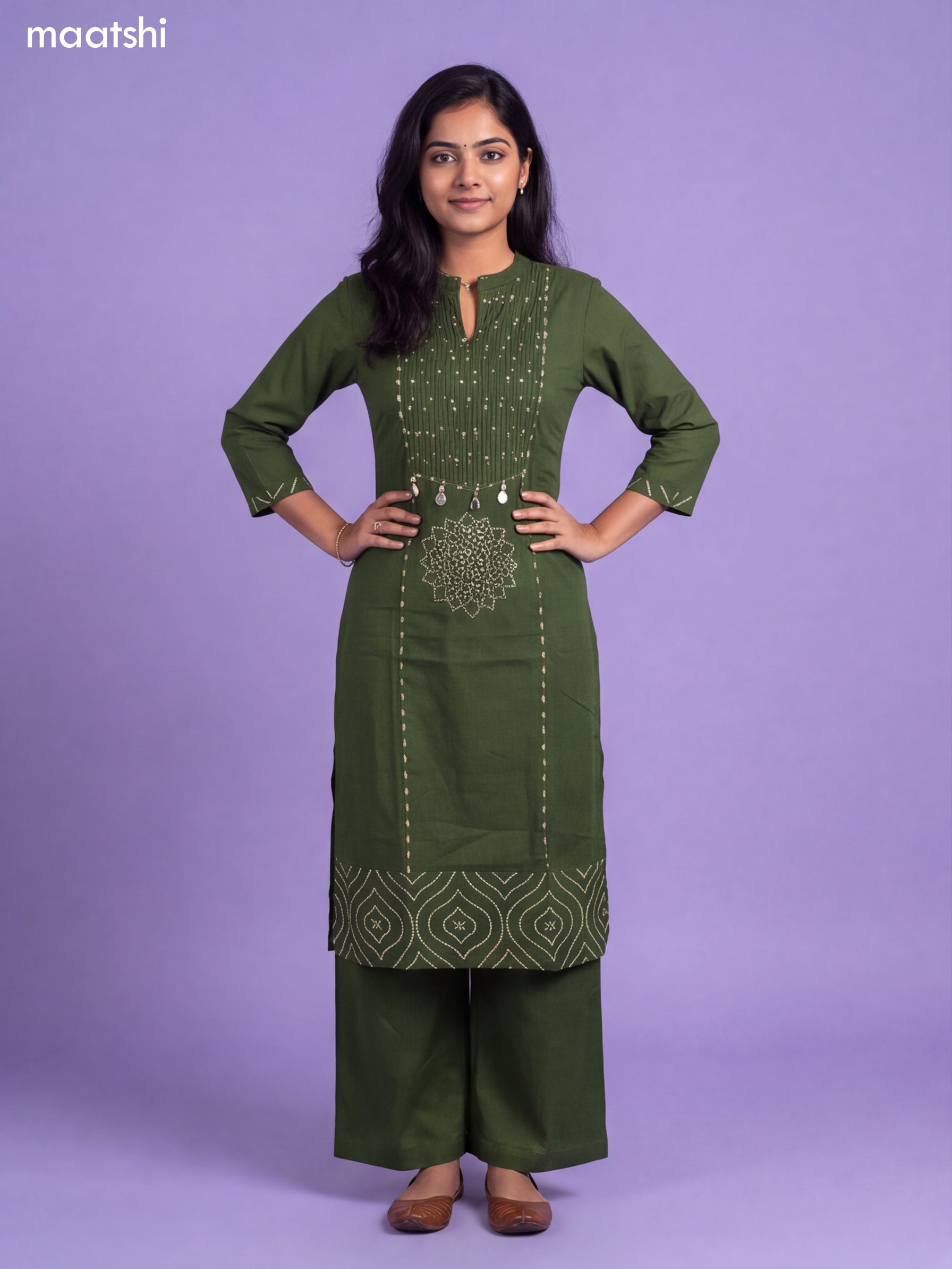 Sap Green Cotton Bandhani Printed & Simple Emroidery Work Straight Suit