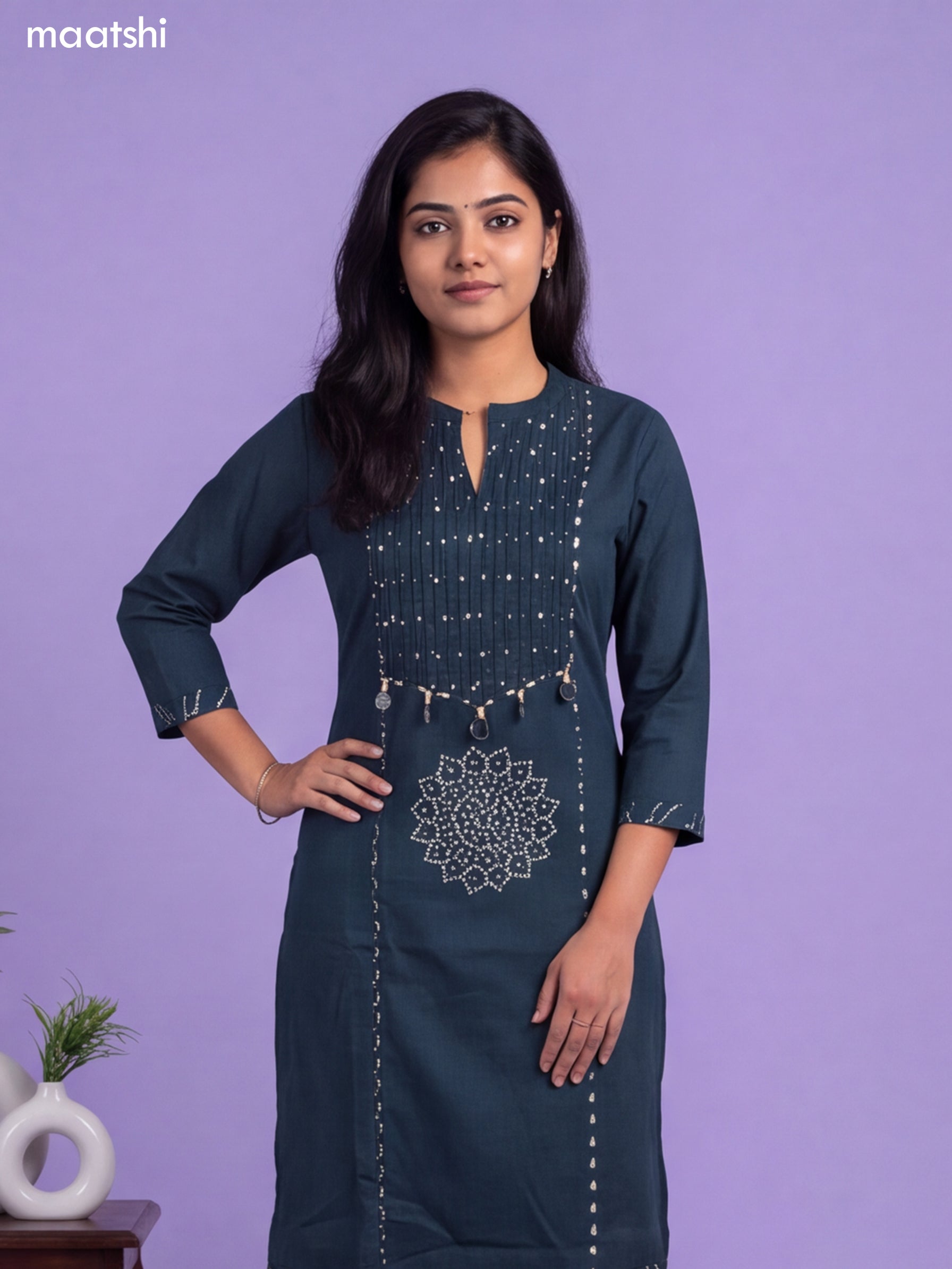 Peacock Green Cotton Bandhani Printed & Simple Emroidery Work Straight Suit