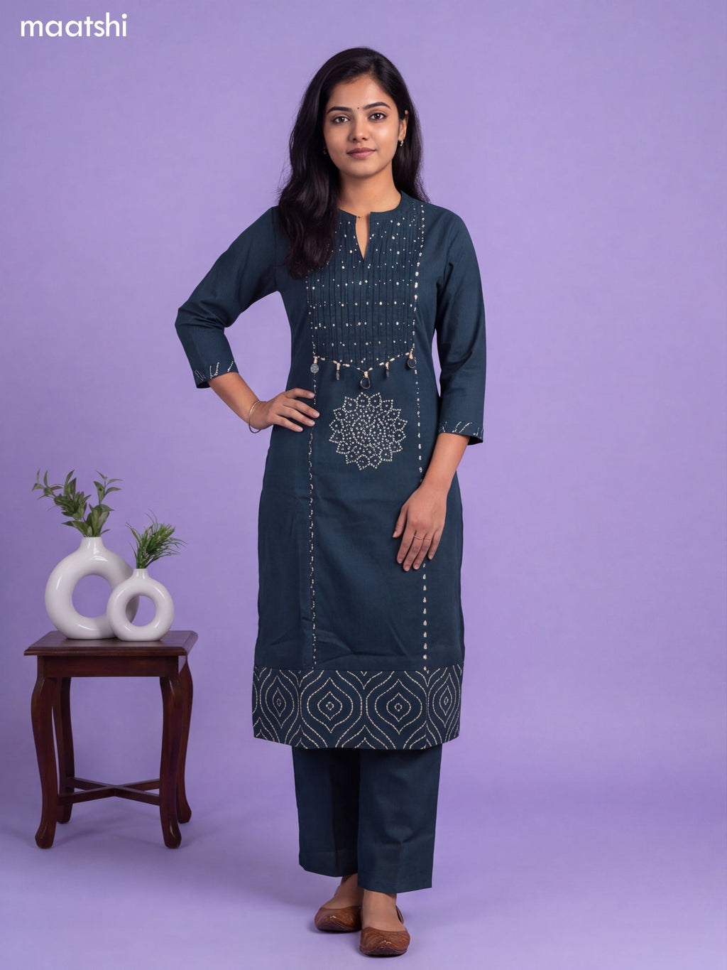Peacock Green Cotton Bandhani Printed & Simple Emroidery Work Straight Suit