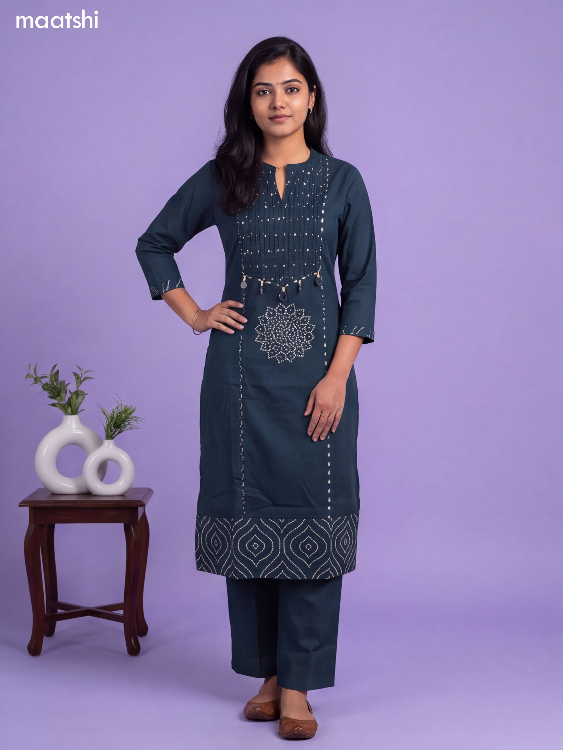 Peacock Green Cotton Bandhani Printed & Simple Emroidery Work Straight Suit