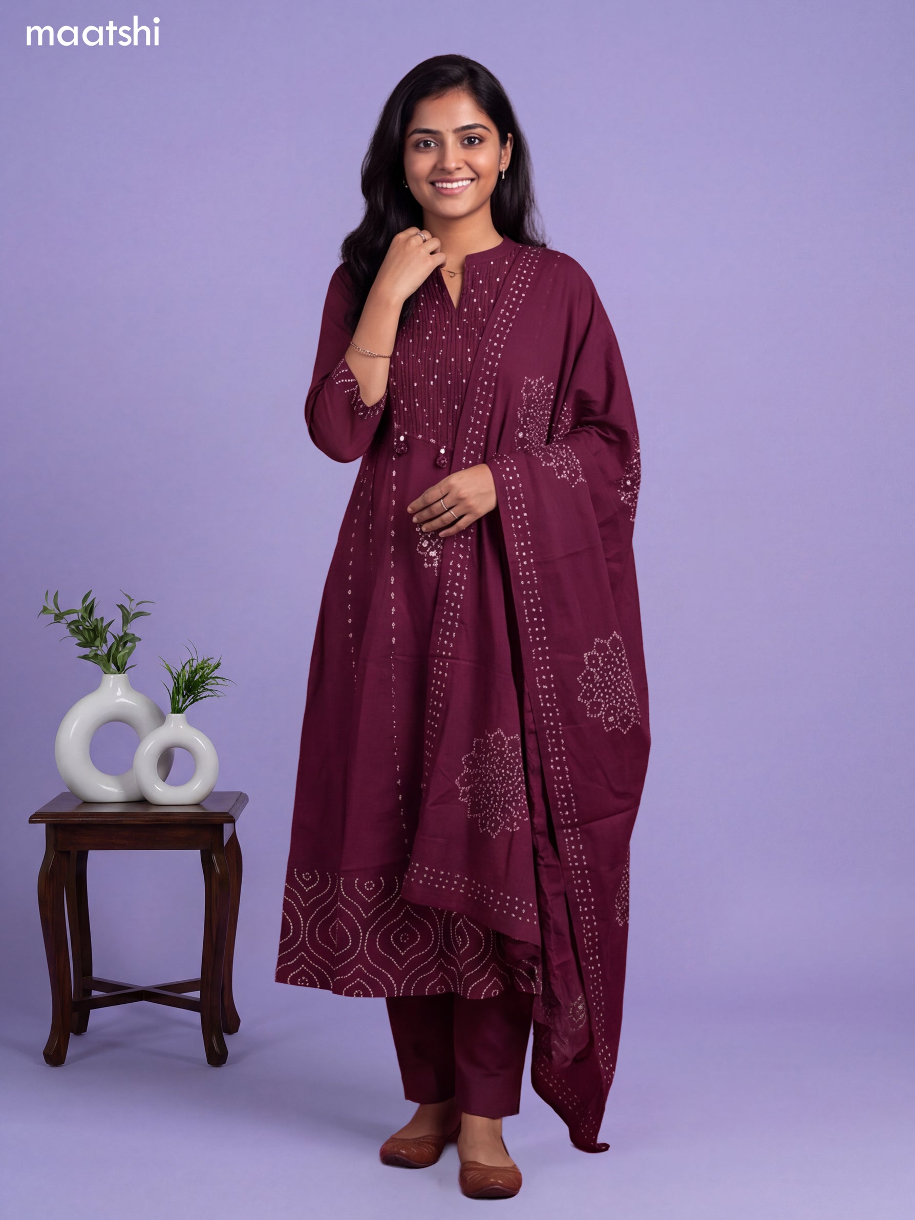 violet Cotton Bandhani Printed & Simple Emroidery Work Anarkali Suit