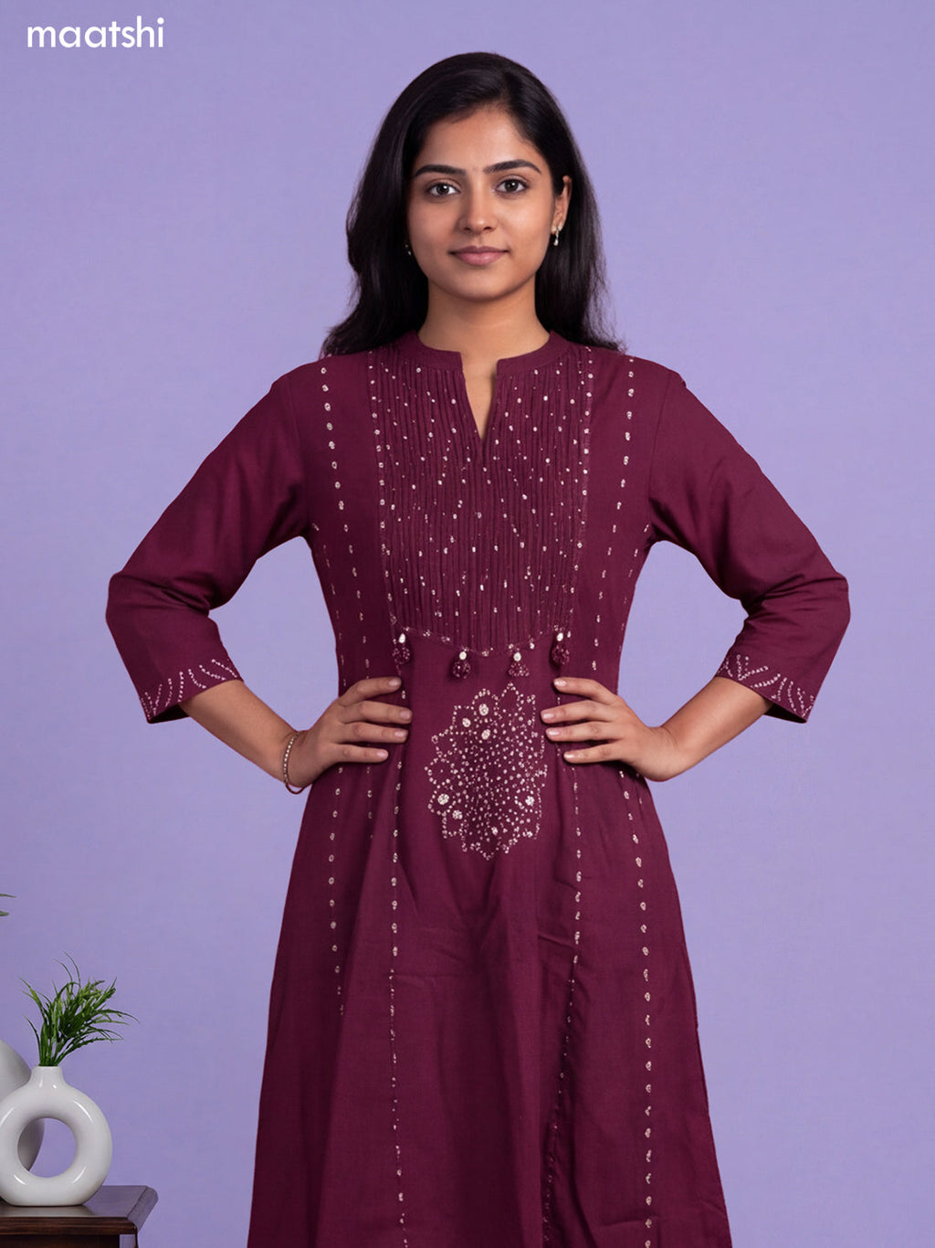violet Cotton Bandhani Printed & Simple Emroidery Work Anarkali Suit