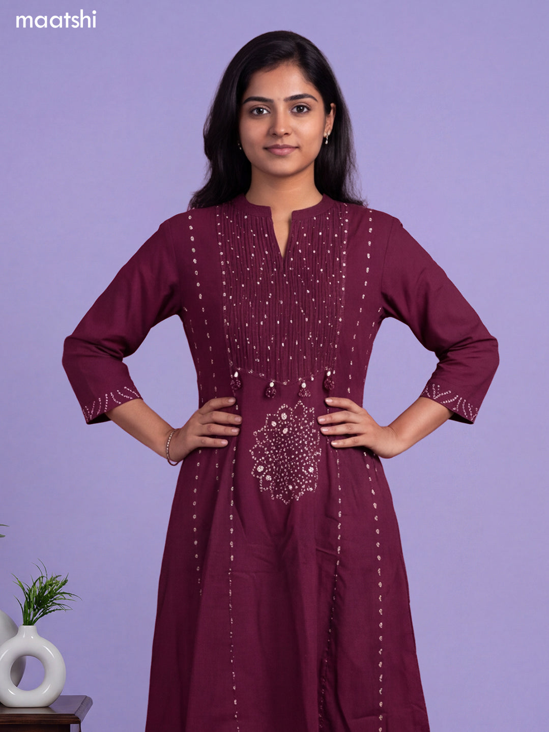 violet Cotton Bandhani Printed & Simple Emroidery Work Anarkali Suit