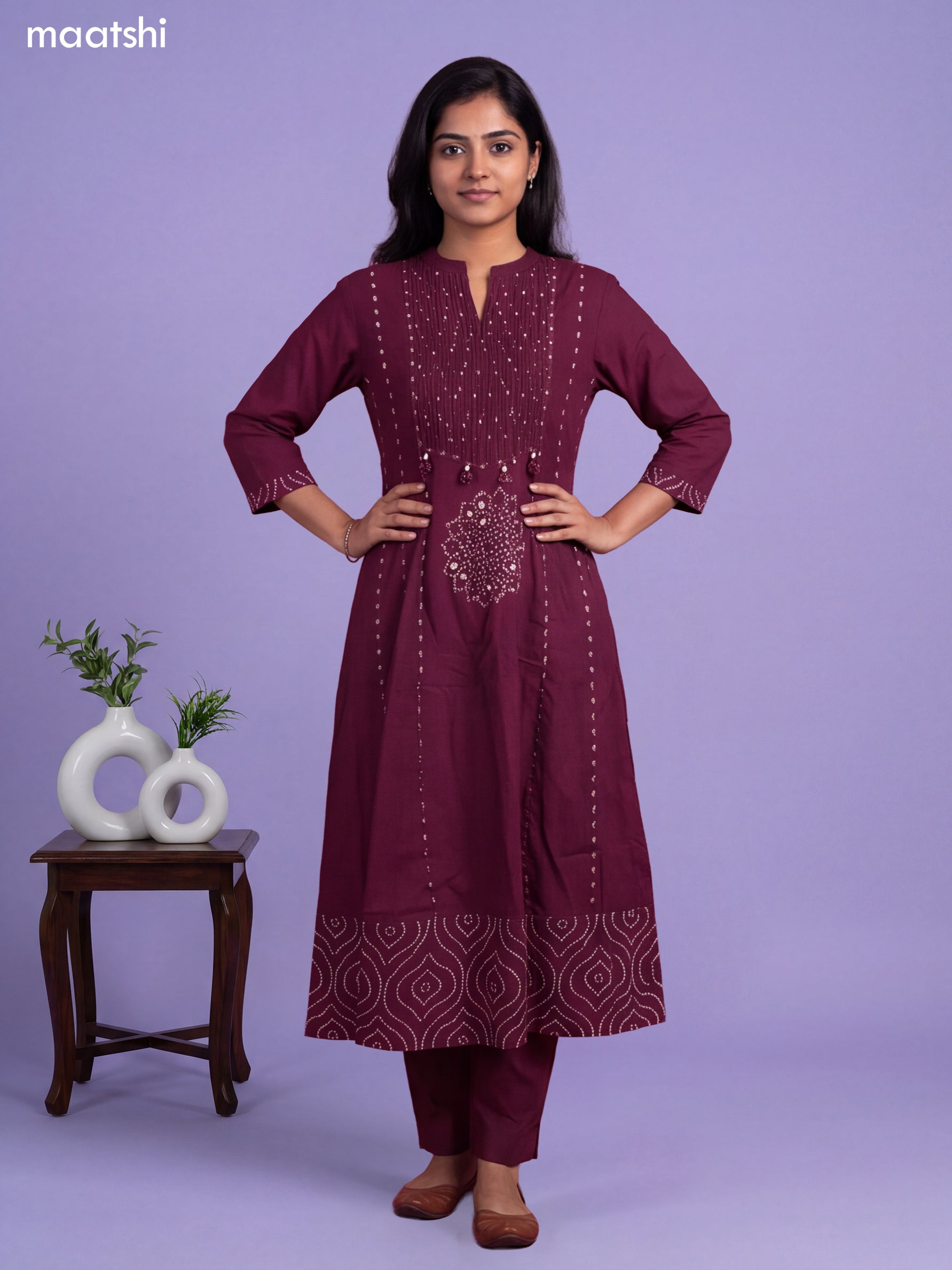 violet Cotton Bandhani Printed & Simple Emroidery Work Anarkali Suit