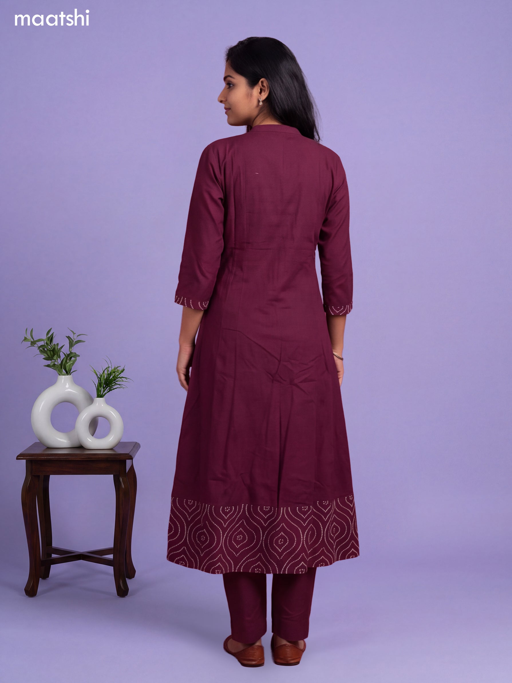violet Cotton Bandhani Printed & Simple Emroidery Work Anarkali Suit