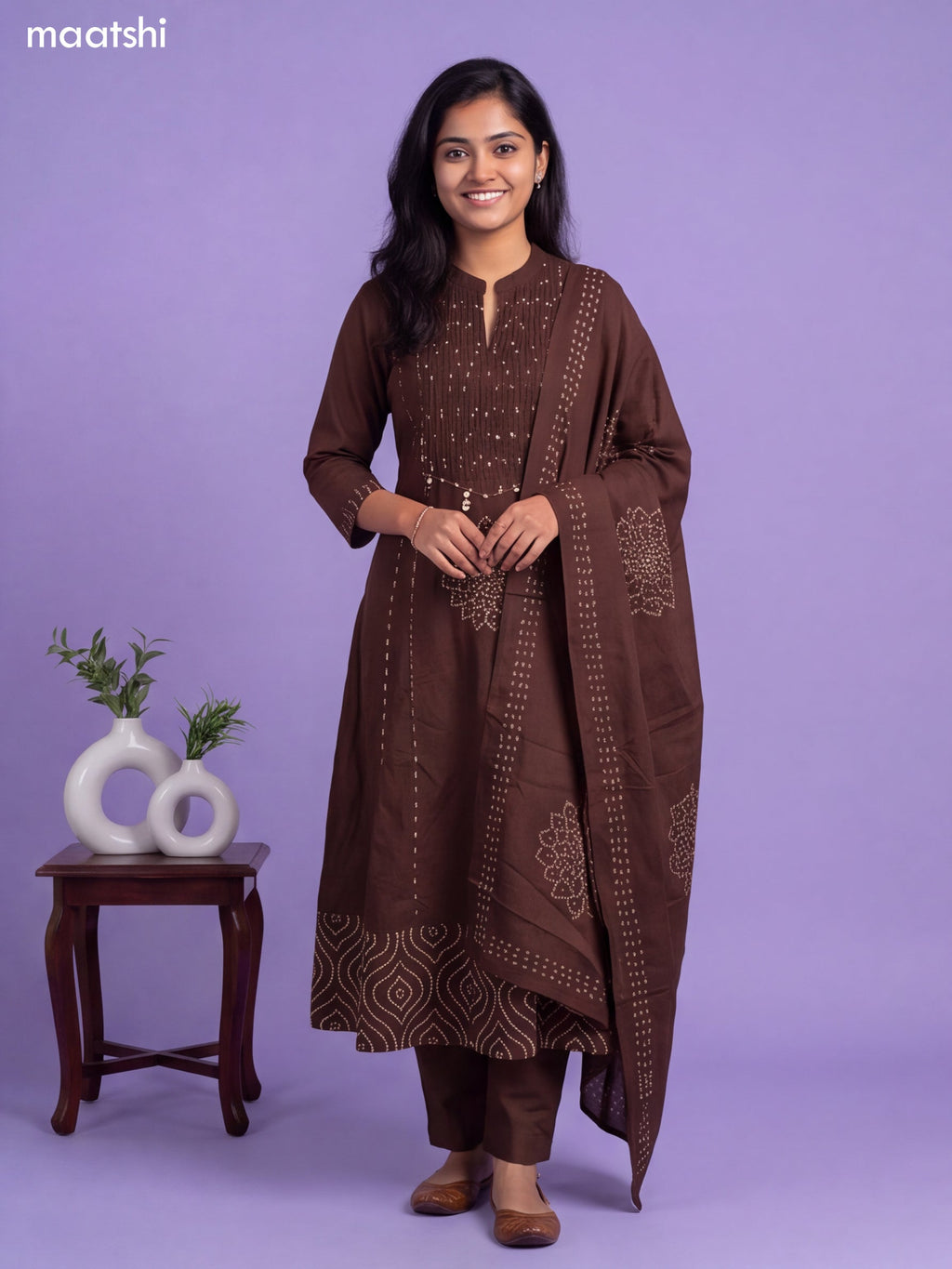 Brown Cotton Bandhani Printed & Simple Emroidery Work Anarkali Suit
