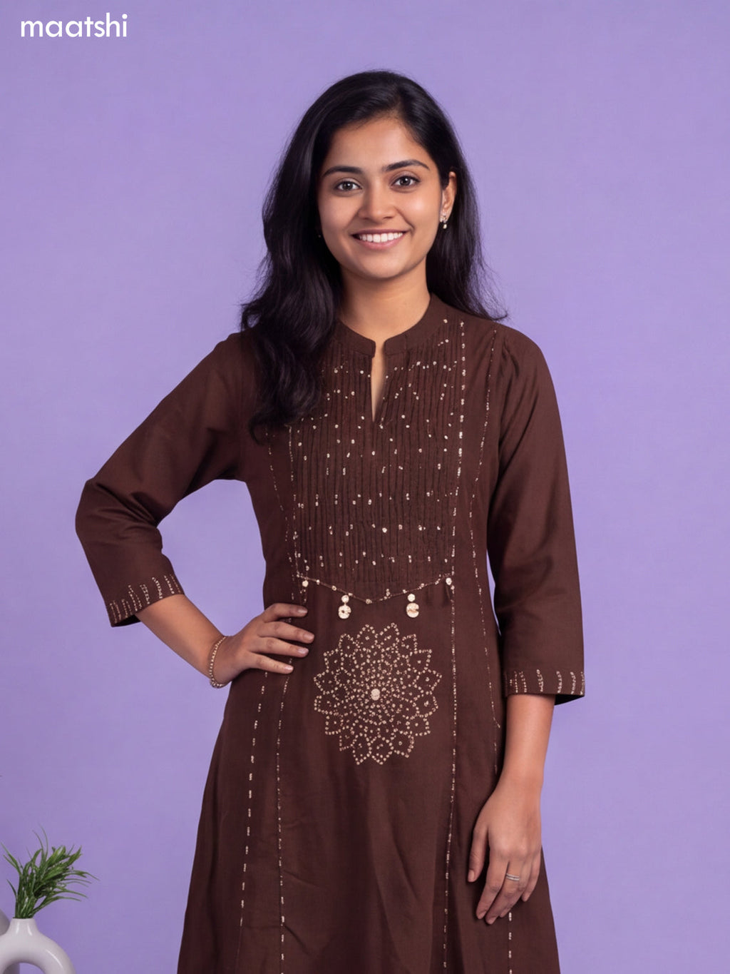 Brown Cotton Bandhani Printed & Simple Emroidery Work Anarkali Suit