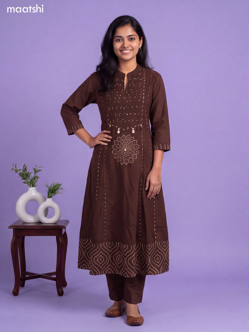 Brown Cotton Bandhani Printed & Simple Emroidery Work Anarkali Suit