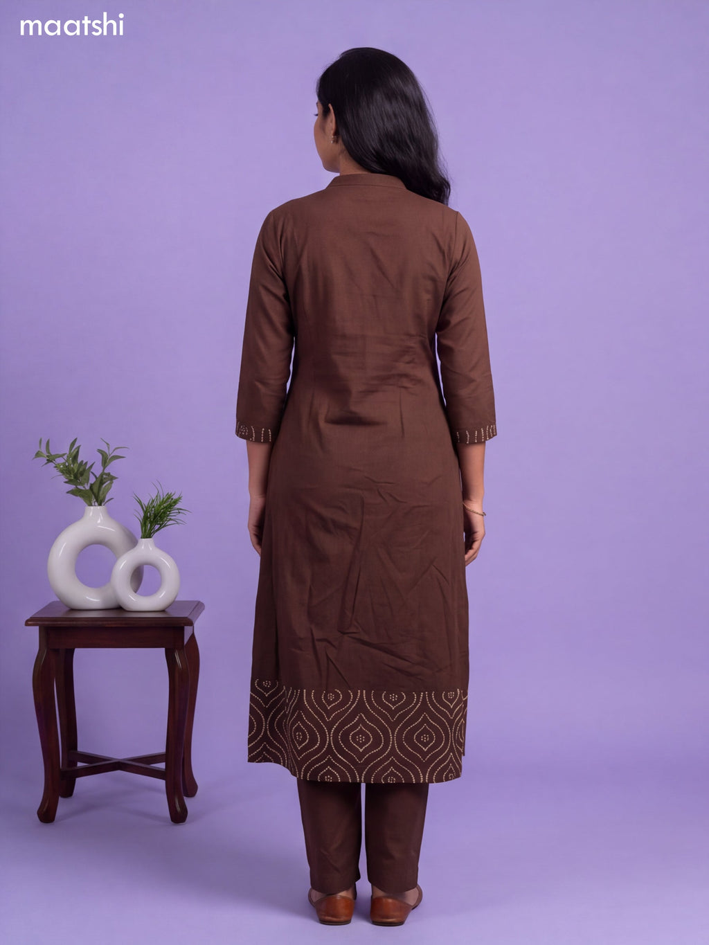 Brown Cotton Bandhani Printed & Simple Emroidery Work Anarkali Suit