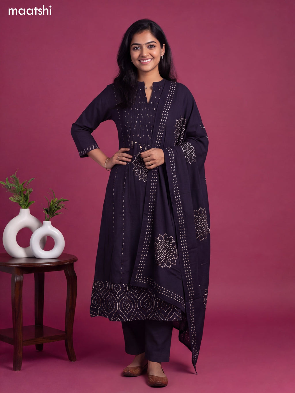 Navy Blue Cotton Bandhani Printed & Simple Emroidery Work Anarkali Suit