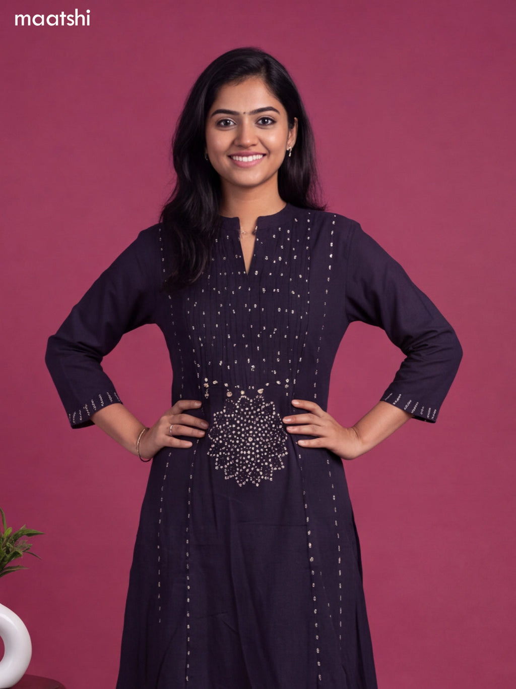 Navy Blue Cotton Bandhani Printed & Simple Emroidery Work Anarkali Suit