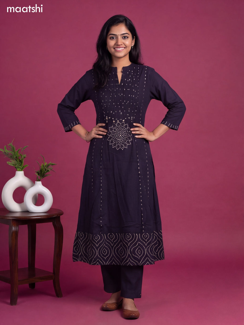 Navy Blue Cotton Bandhani Printed & Simple Emroidery Work Anarkali Suit