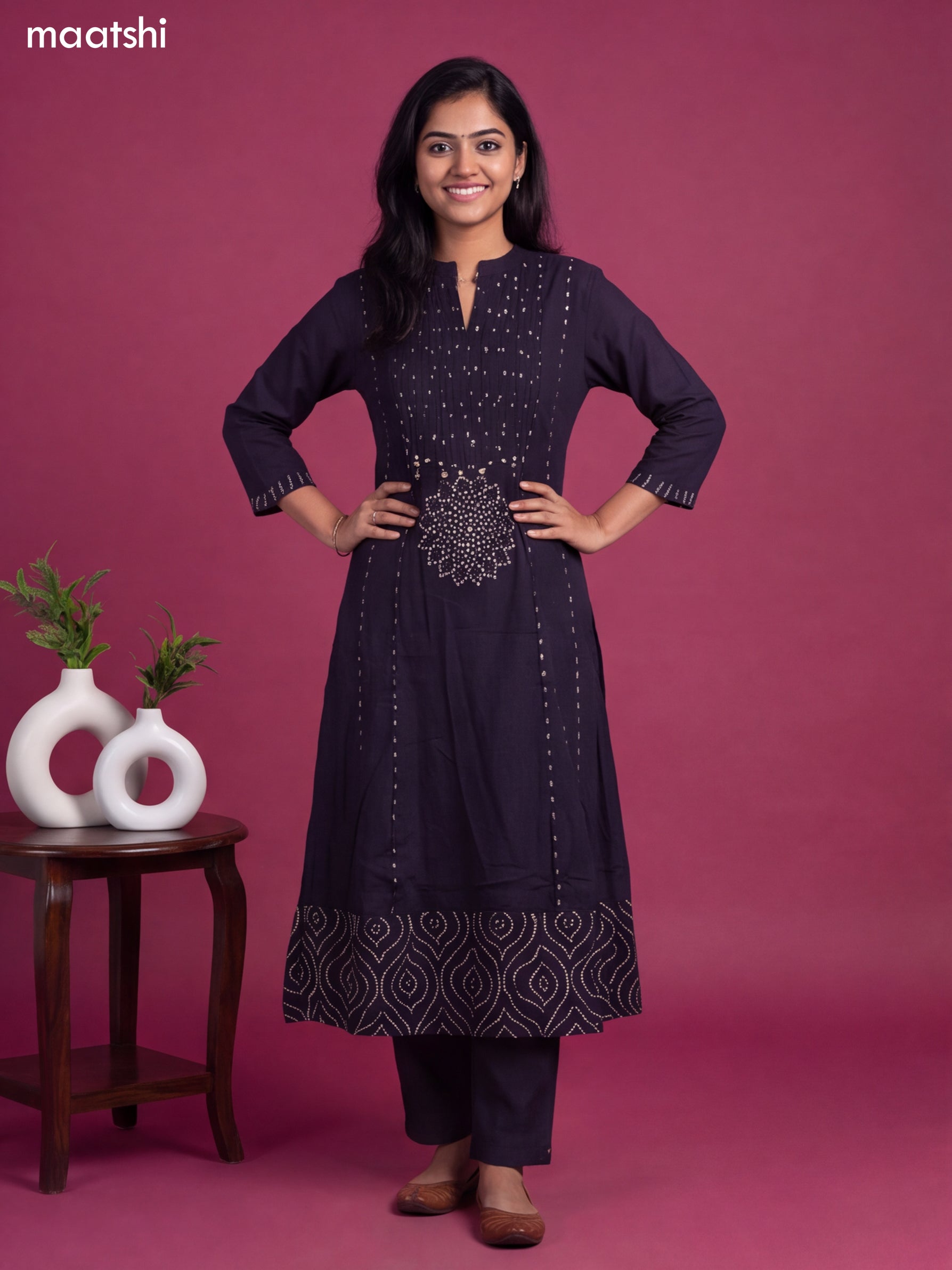 Navy Blue Cotton Bandhani Printed & Simple Emroidery Work Anarkali Suit