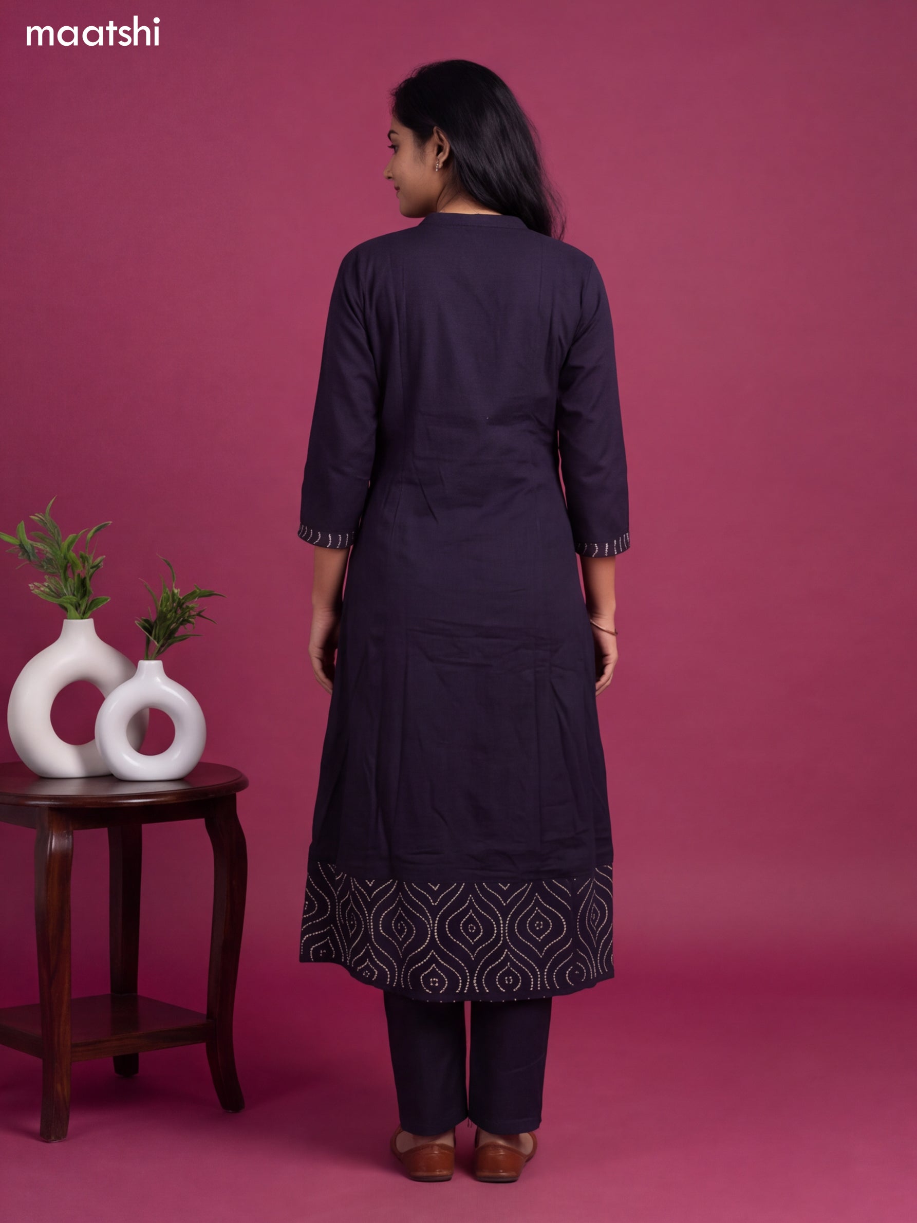 Navy Blue Cotton Bandhani Printed & Simple Emroidery Work Anarkali Suit