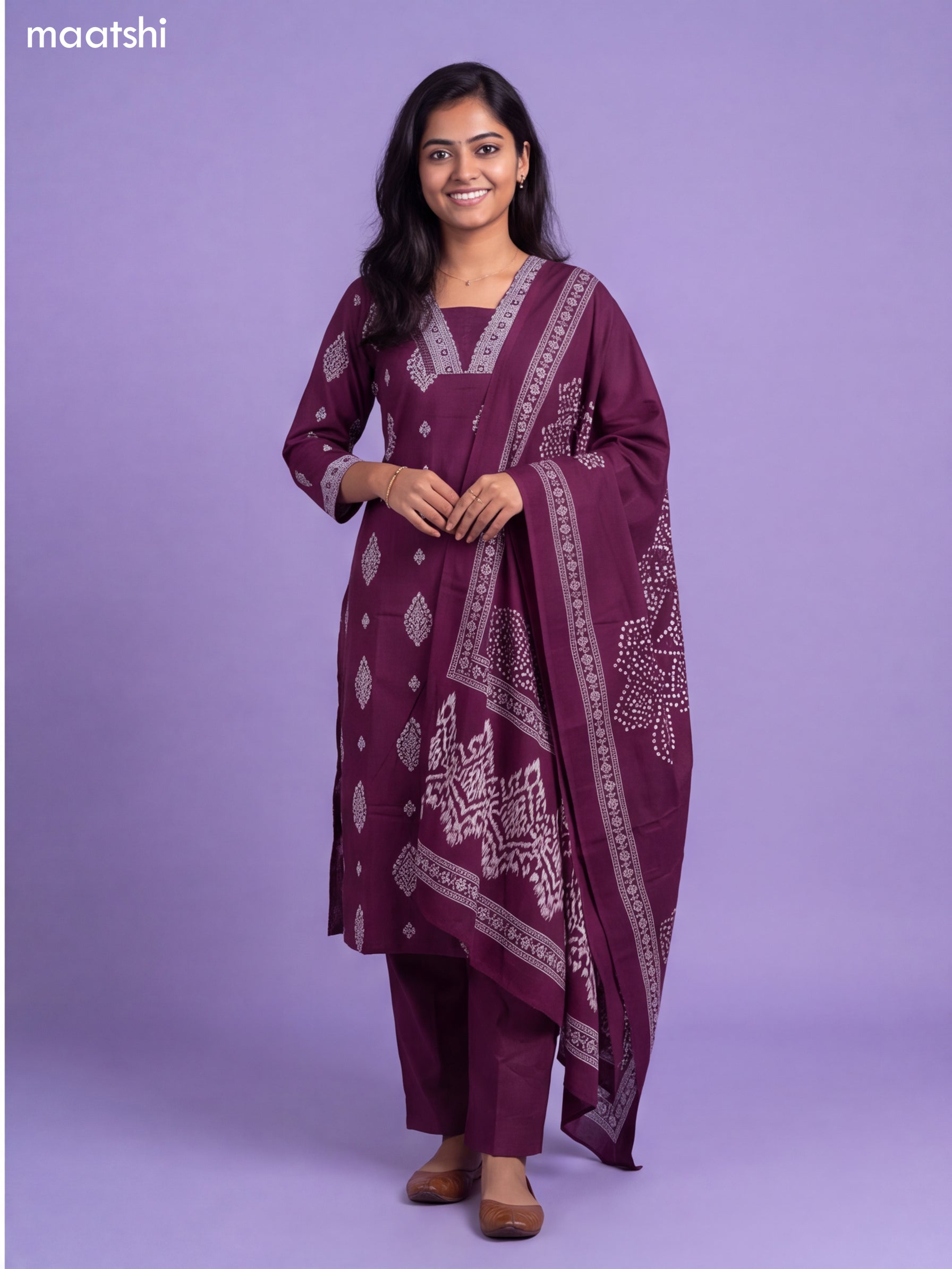 Purple Cotton Printed & Simple Emroidery Work Straight Suit