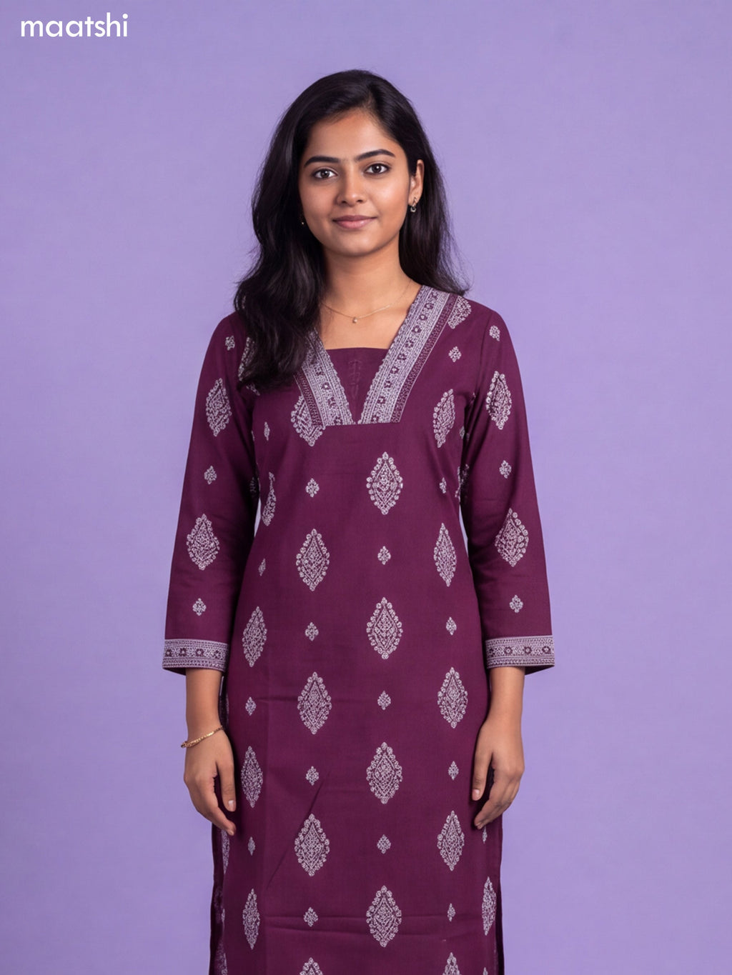 Purple Cotton Printed & Simple Emroidery Work Straight Suit