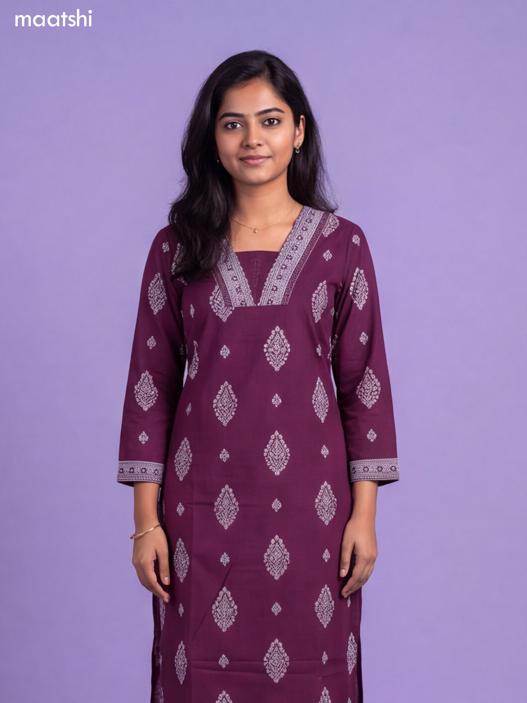 Purple Cotton Printed & Simple Emroidery Work Straight Suit