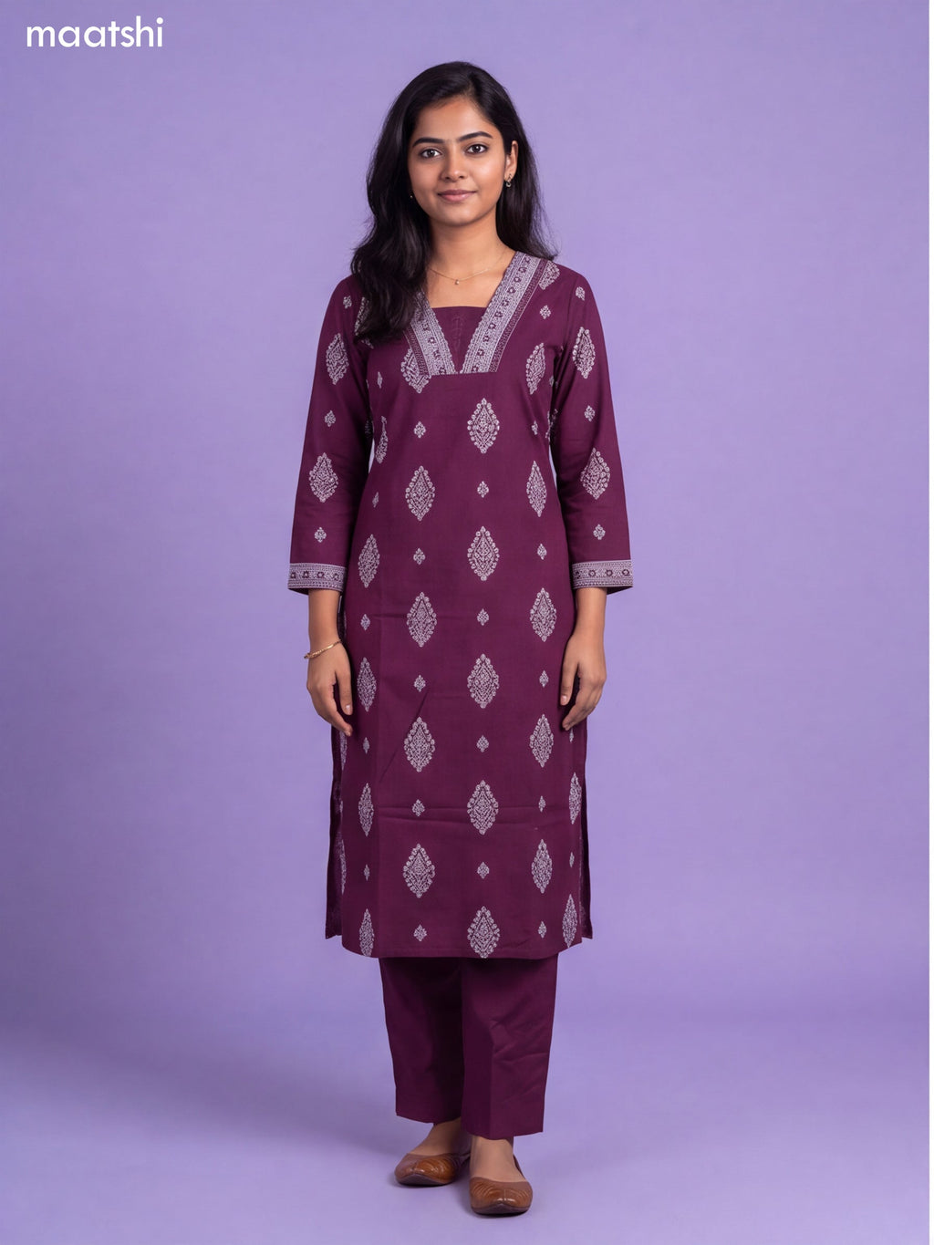 Purple Cotton Printed & Simple Emroidery Work Straight Suit