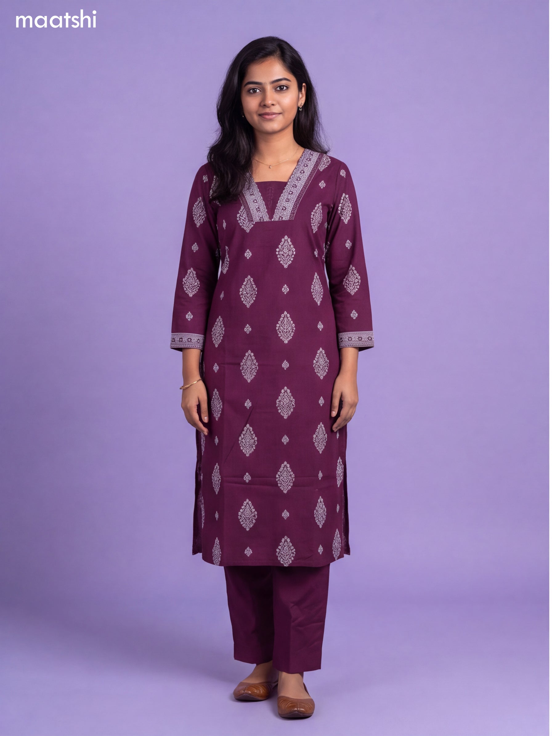 Purple Cotton Printed & Simple Emroidery Work Straight Suit