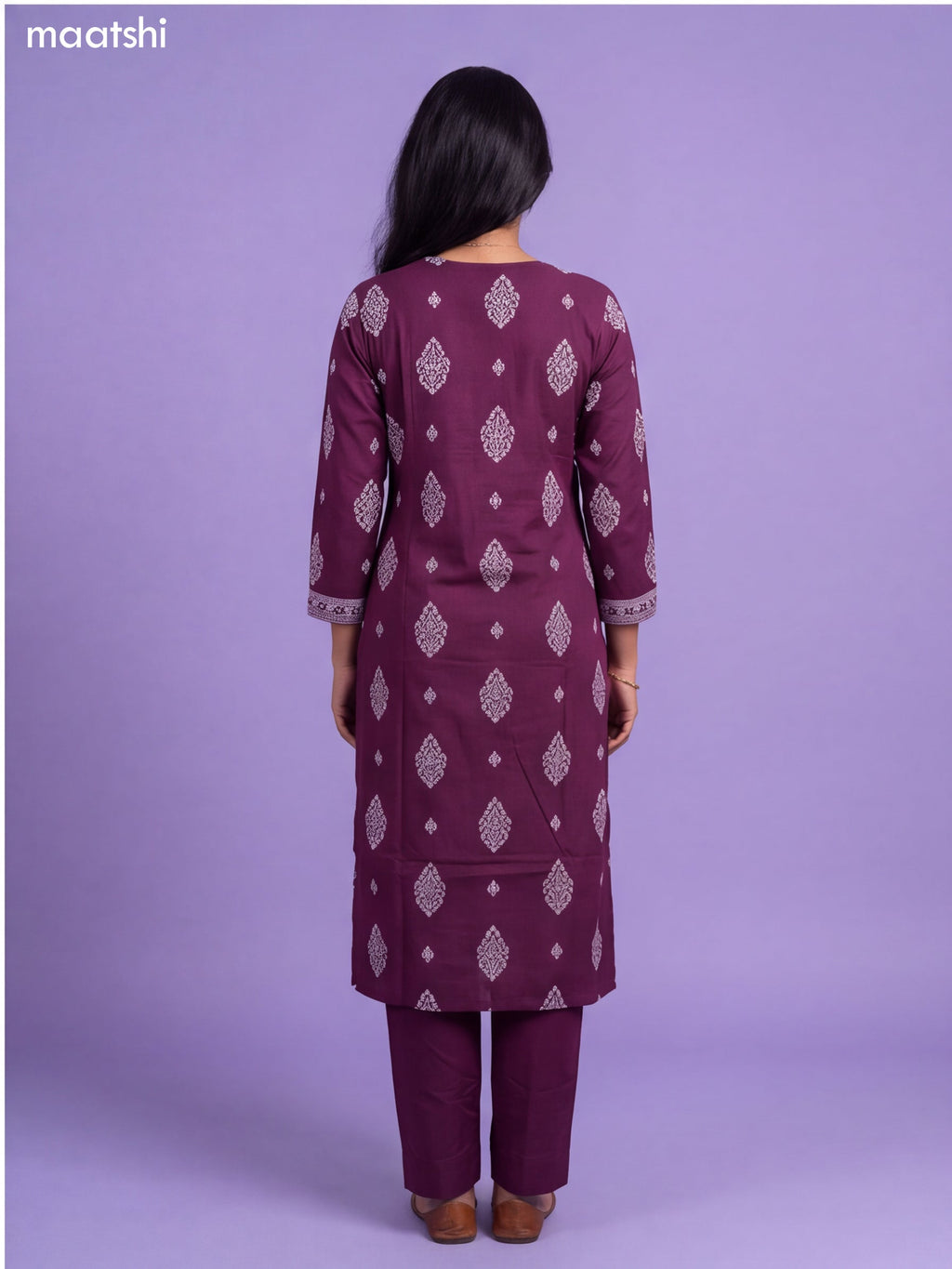 Purple Cotton Printed & Simple Emroidery Work Straight Suit