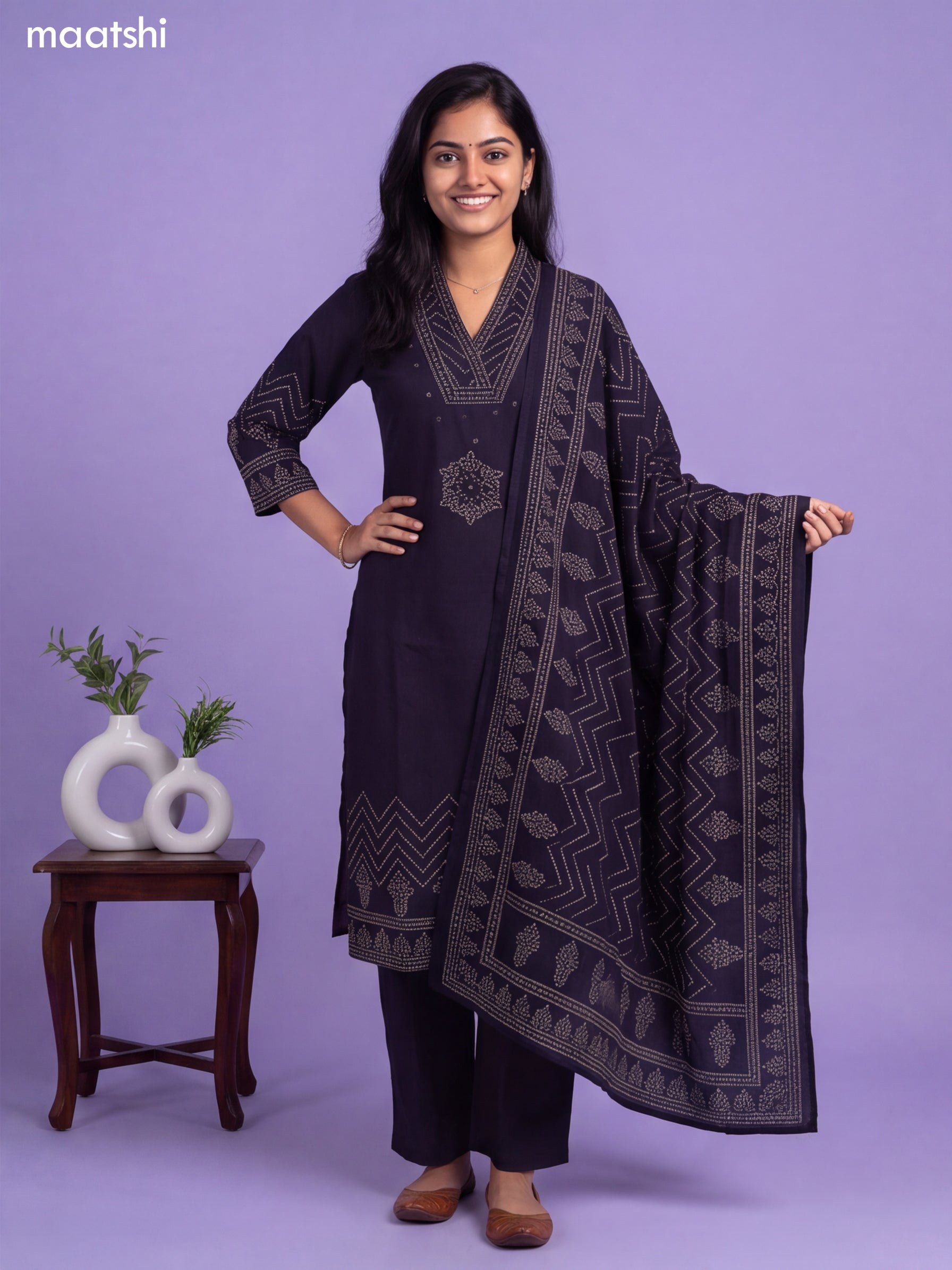 Navy Blue Cotton Bandhani Printed & Simple Embroidery Work Straight Suit