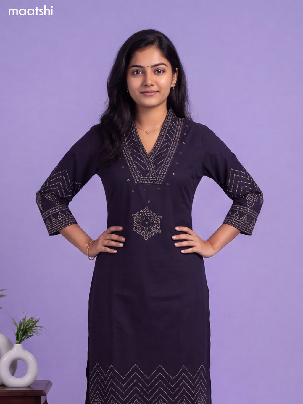 Navy Blue Cotton Bandhani Printed & Simple Embroidery Work Straight Suit