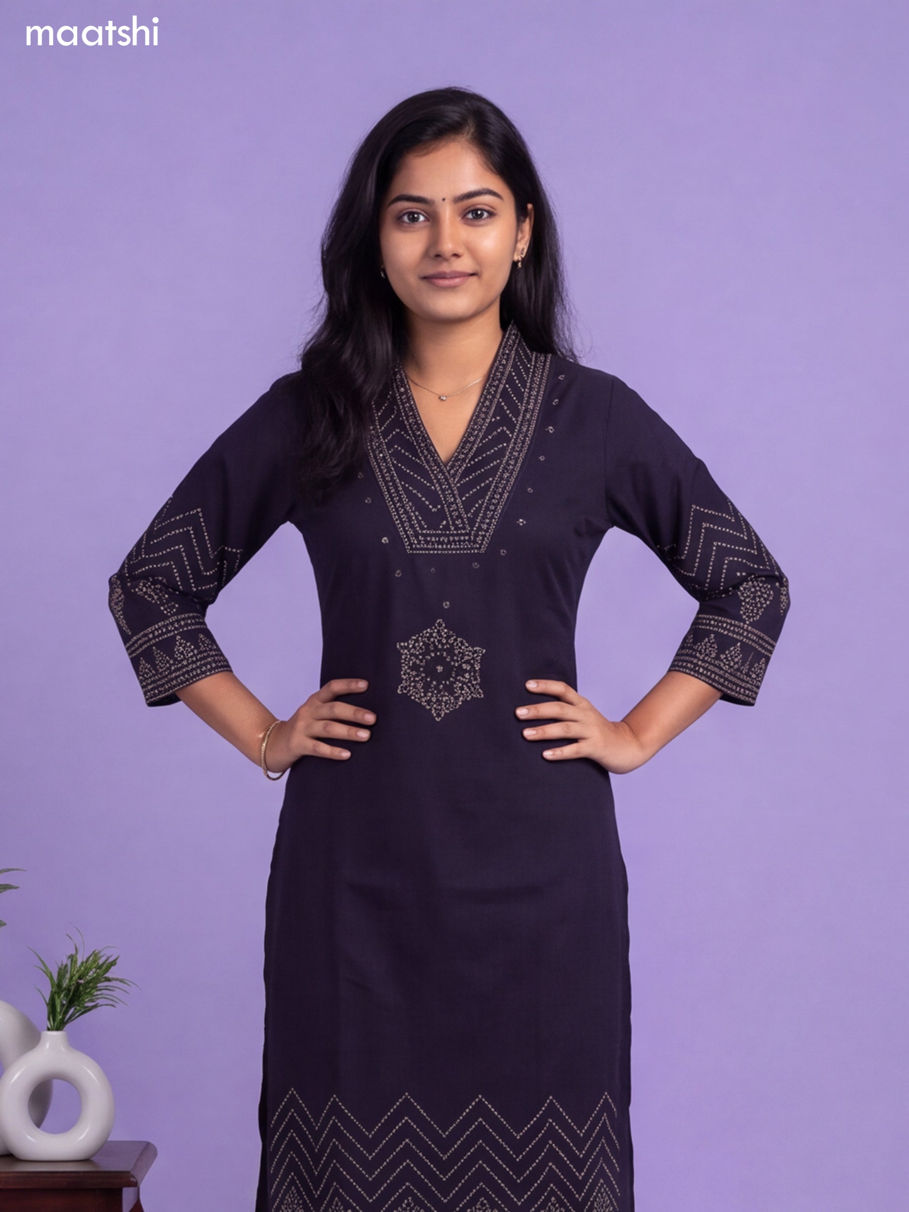 Navy Blue Cotton Bandhani Printed & Simple Embroidery Work Straight Suit